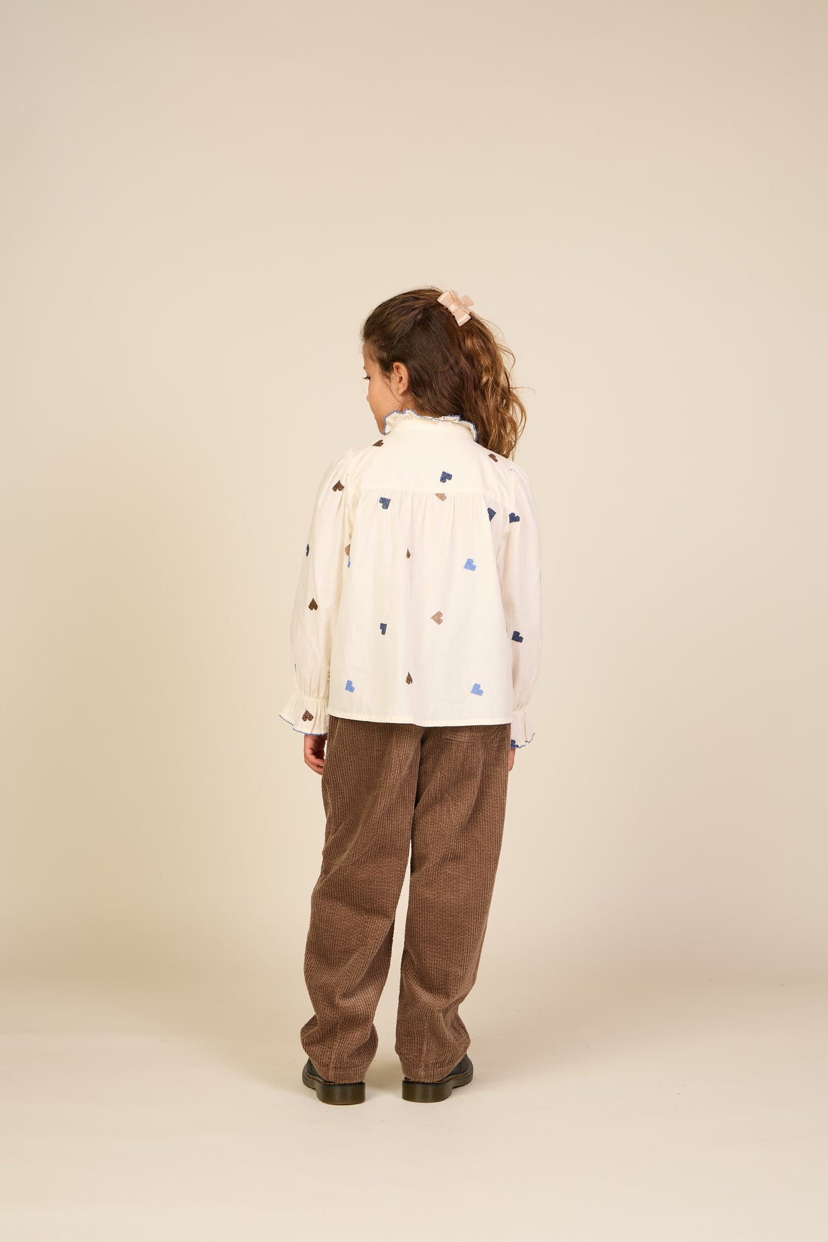 Heart Embroidered Cotton Blouse - Tween - Blue/Brown | 101456 Elina