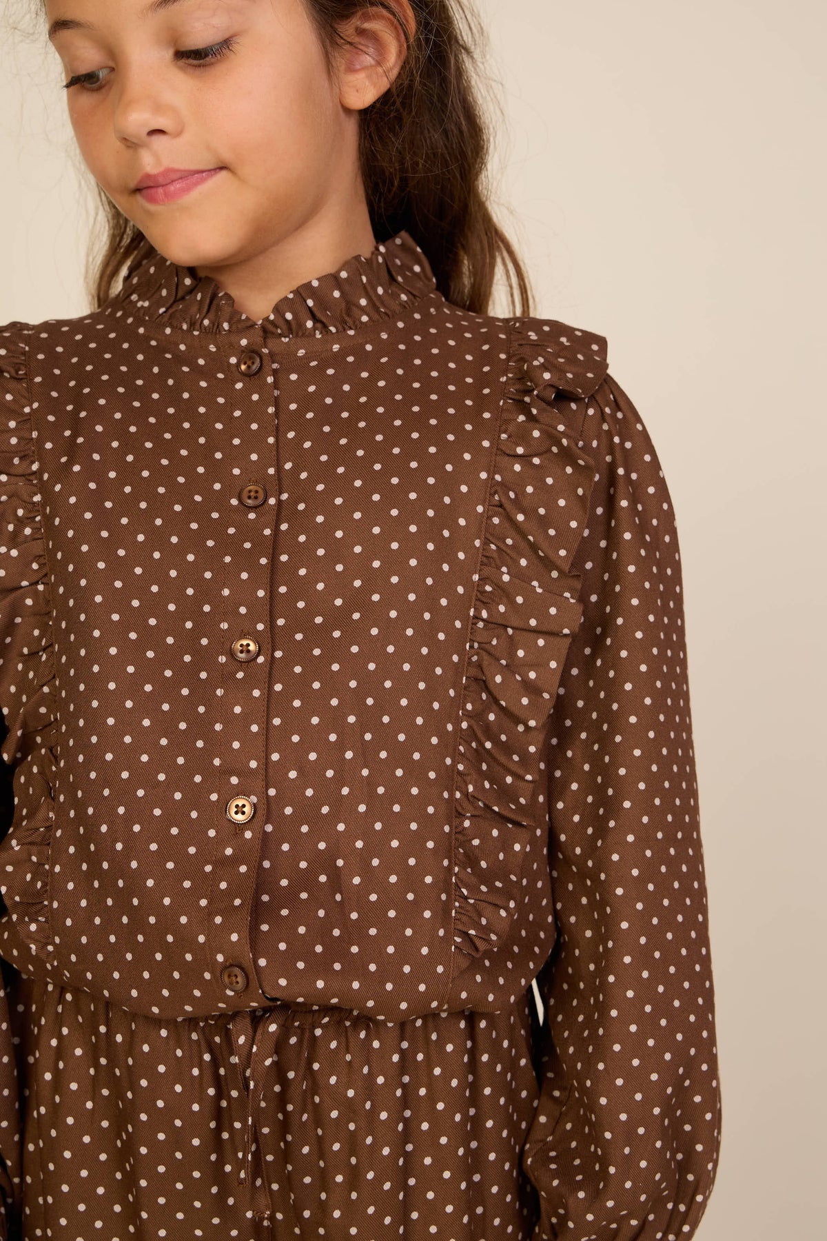 Dotted Viscose Frill Blouse - Tween - Brown/Offwhite | 101662 Feline