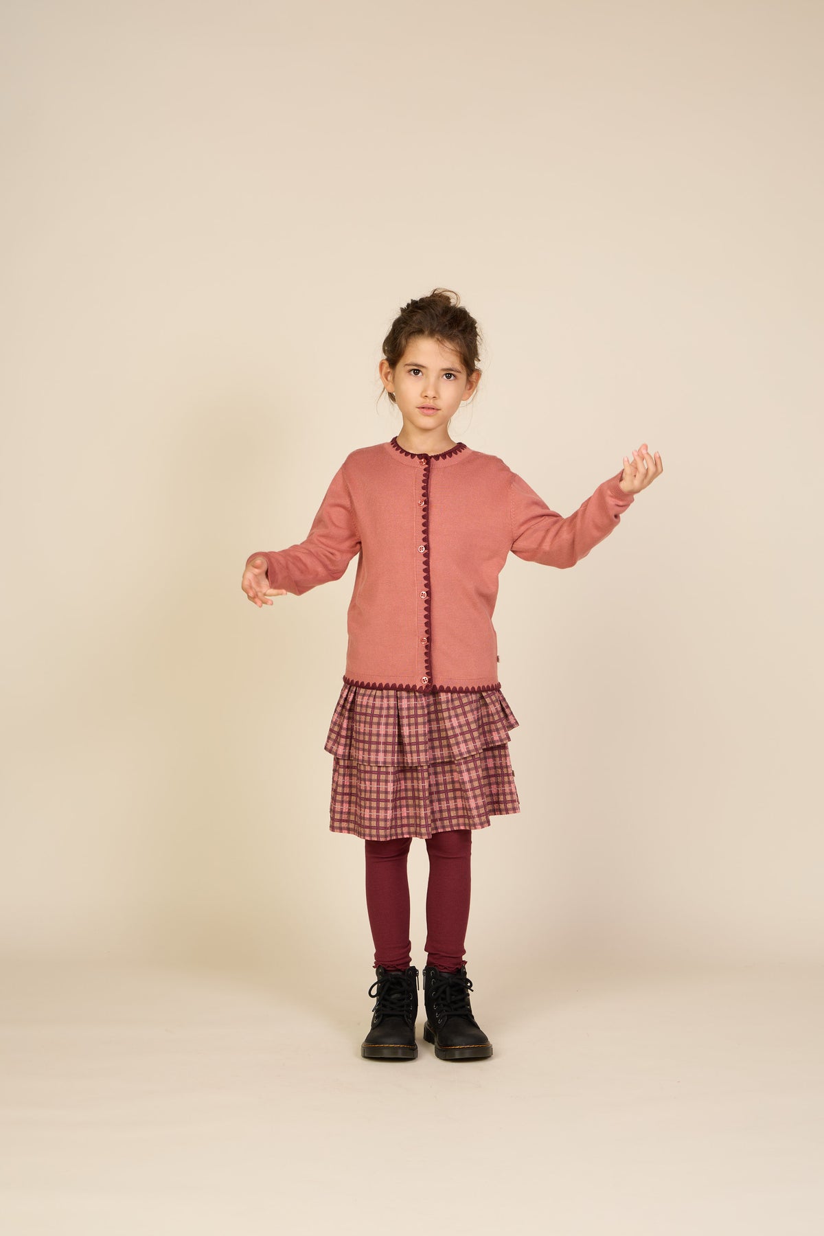Contrast Stitch Cardigan - Tween - Dusty Rose/Bordeaux | 101635 Lia