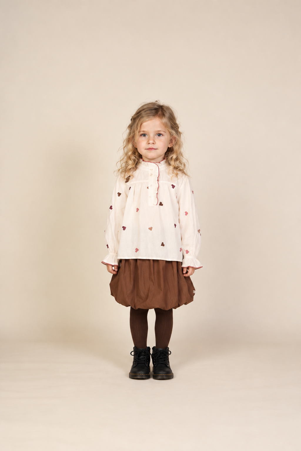 Heart Embroidered Cotton Blouse - Kids - Blue/Brown | 101455 Elina