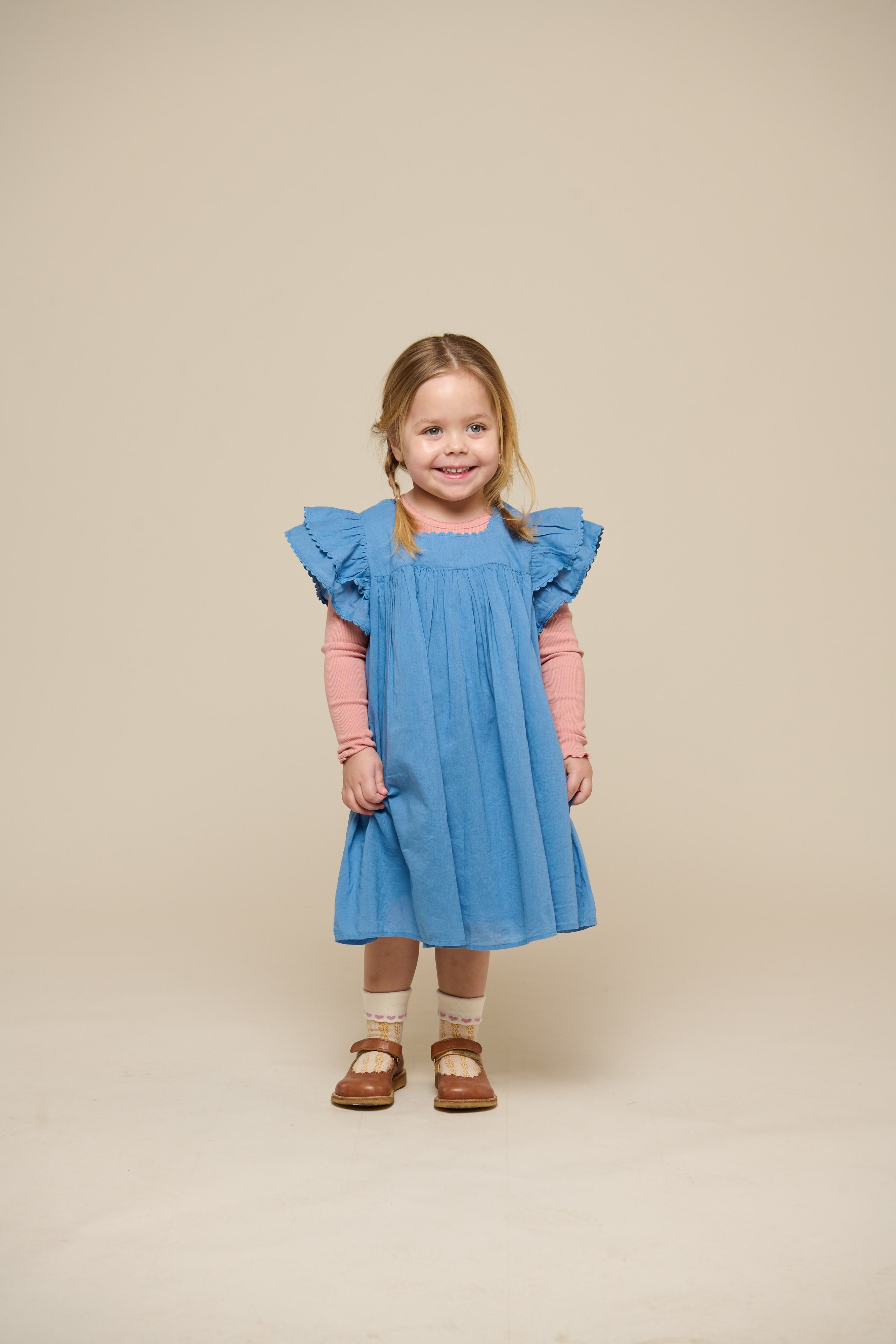 Cotton Dress with Ric Rac Frill - Kids - Dusty Blue | 101036 Alma