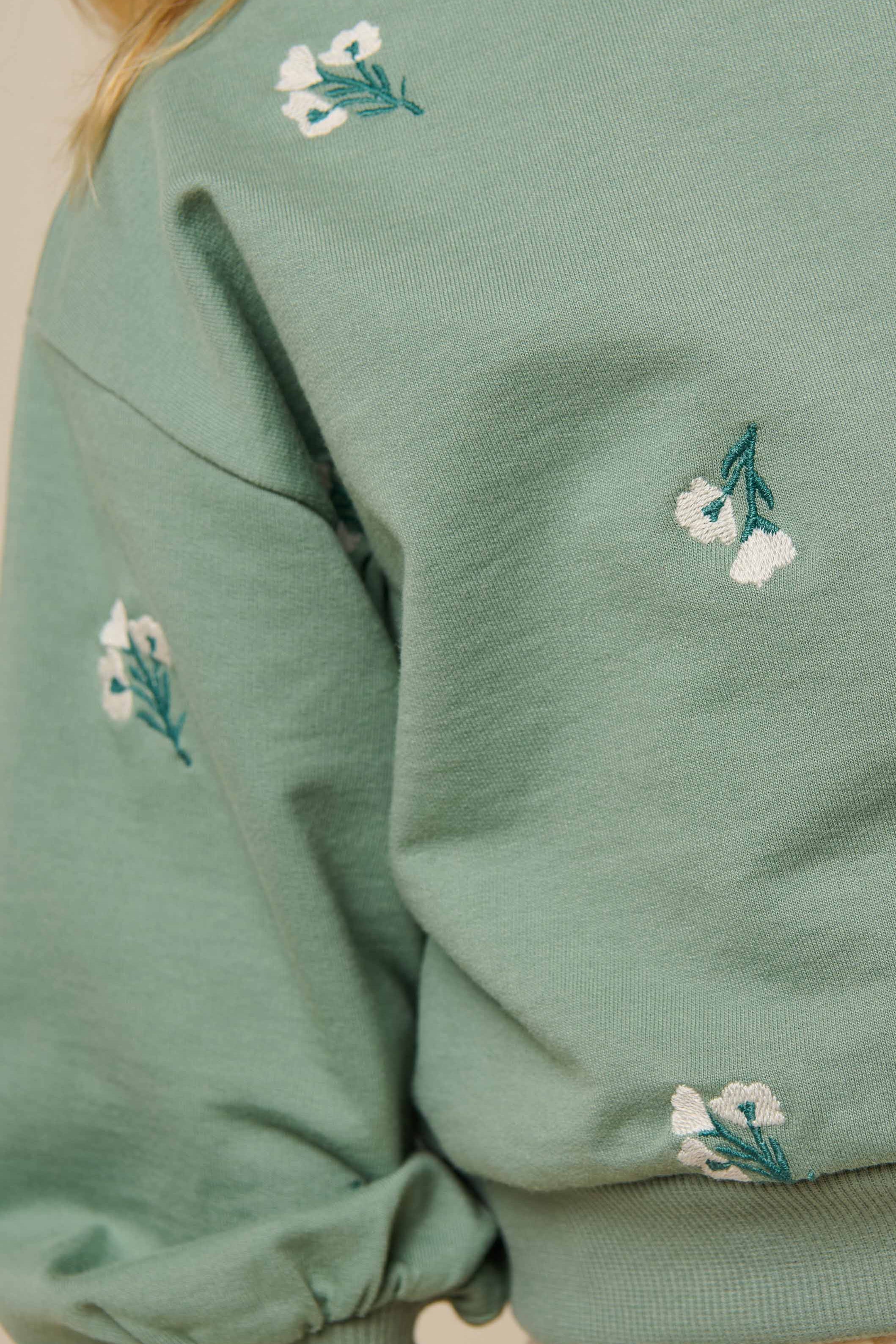 Embroidered Crewneck Sweatshirt - Tween - Dusty Green | 101212 Kimber