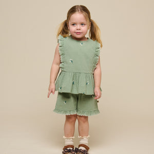 Embroidered Seersucker Top - Kids - Dusty Green | 100980 Nora