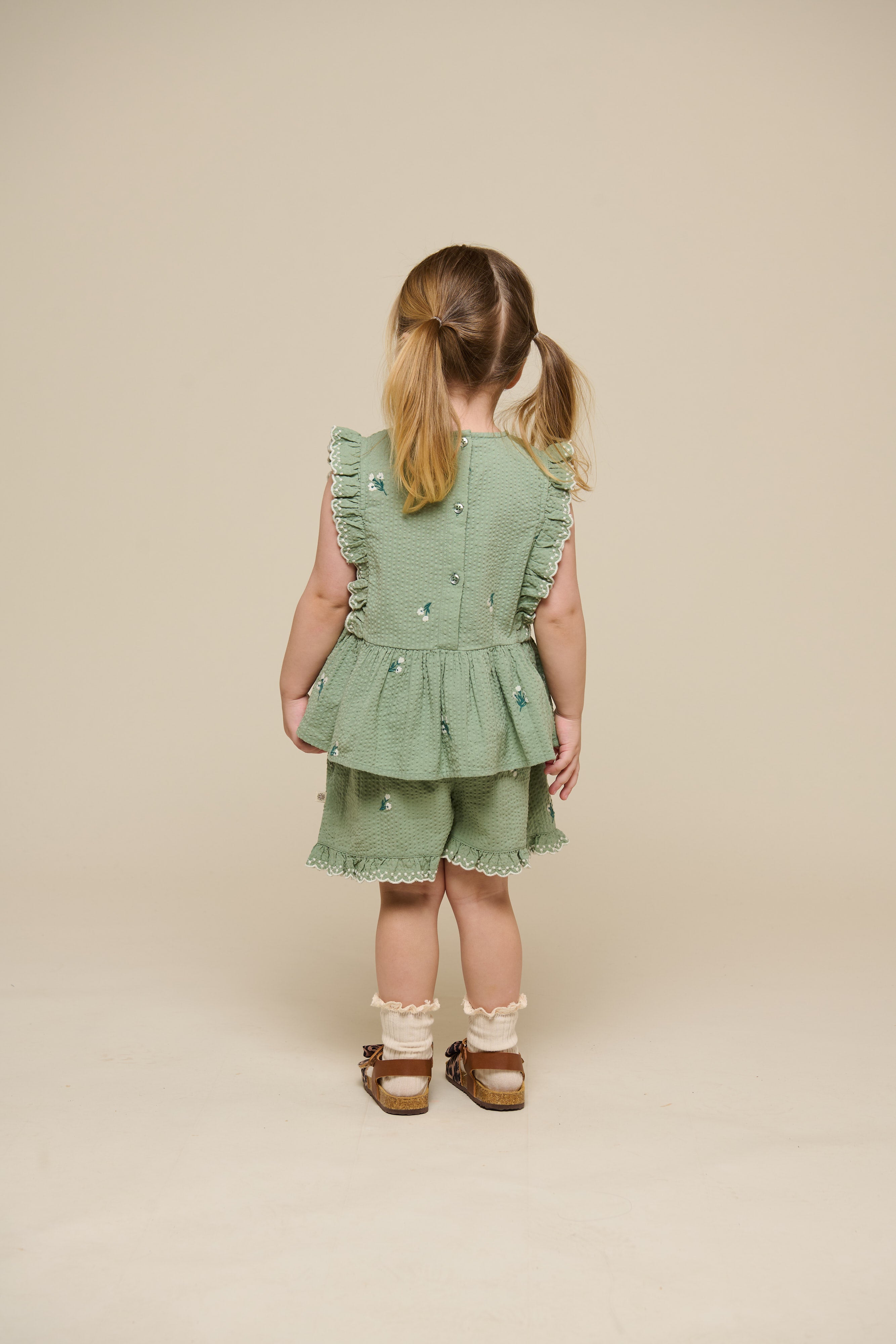 Embroidered Seersucker Top - Kids - Dusty Green | 100980 Nora