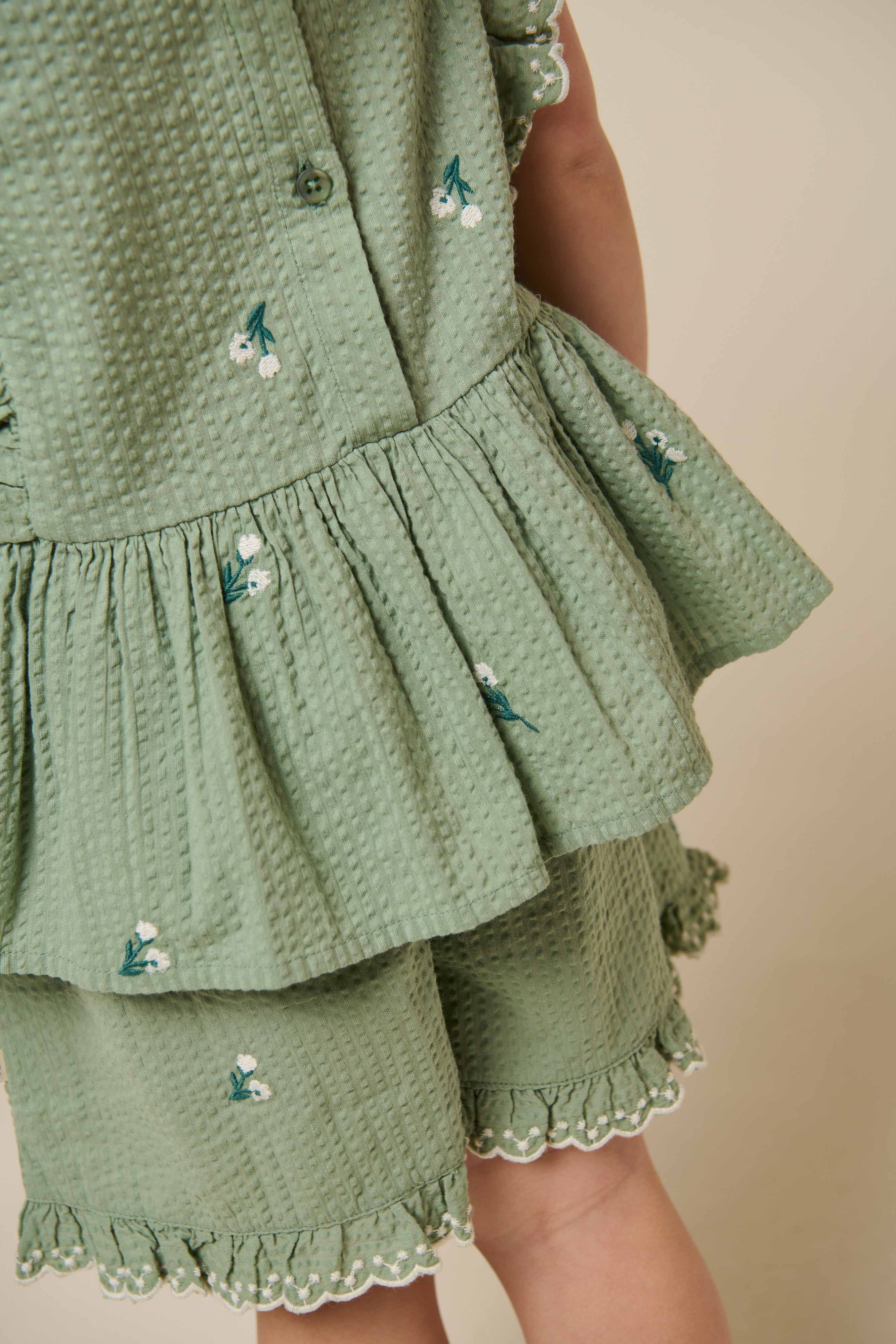 Embroidered Seersucker Top - Kids - Dusty Green | 100980 Nora