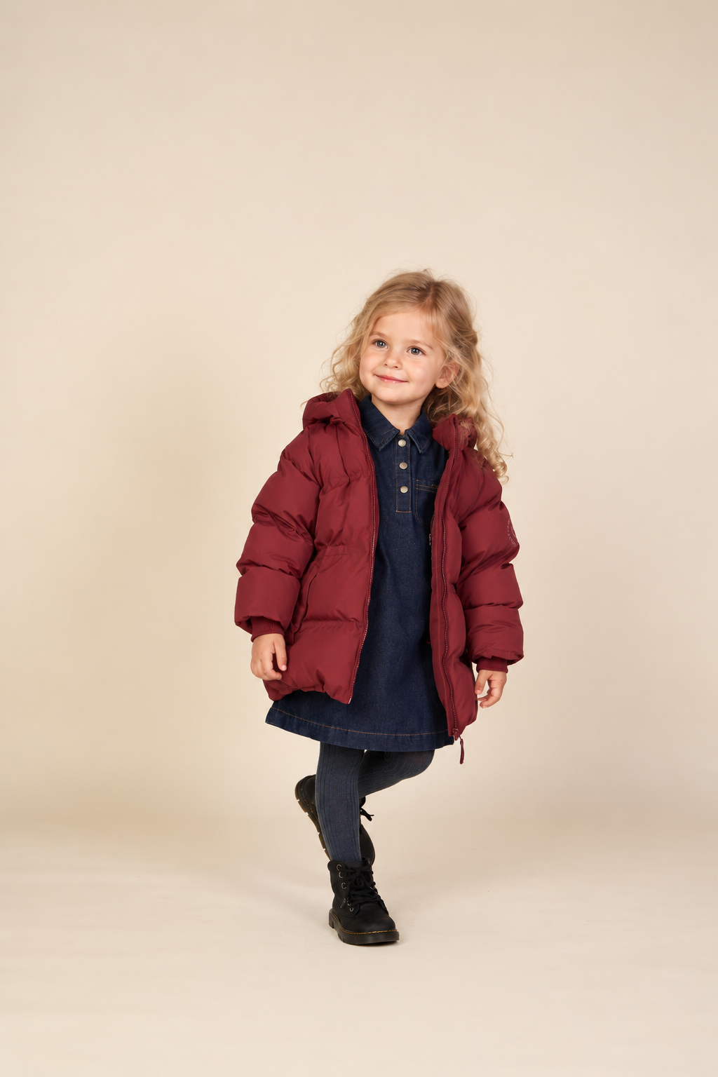 Winter Puffer Jacket with Drawstring - Kids - Bordeaux | 101415 Elenor