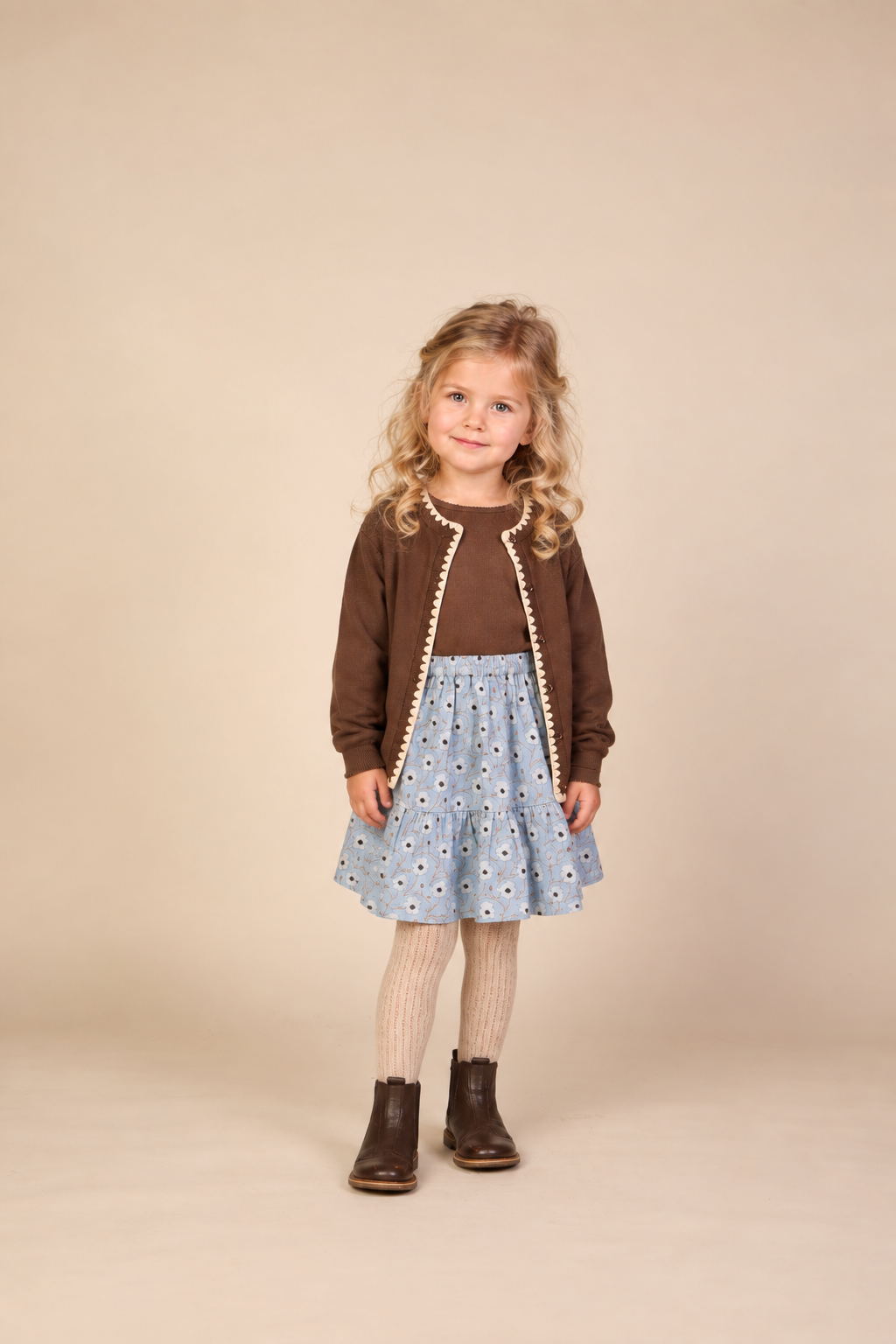 Contrast Stitch Cardigan - Kids - Brown/Offwhite | 101632 Lia