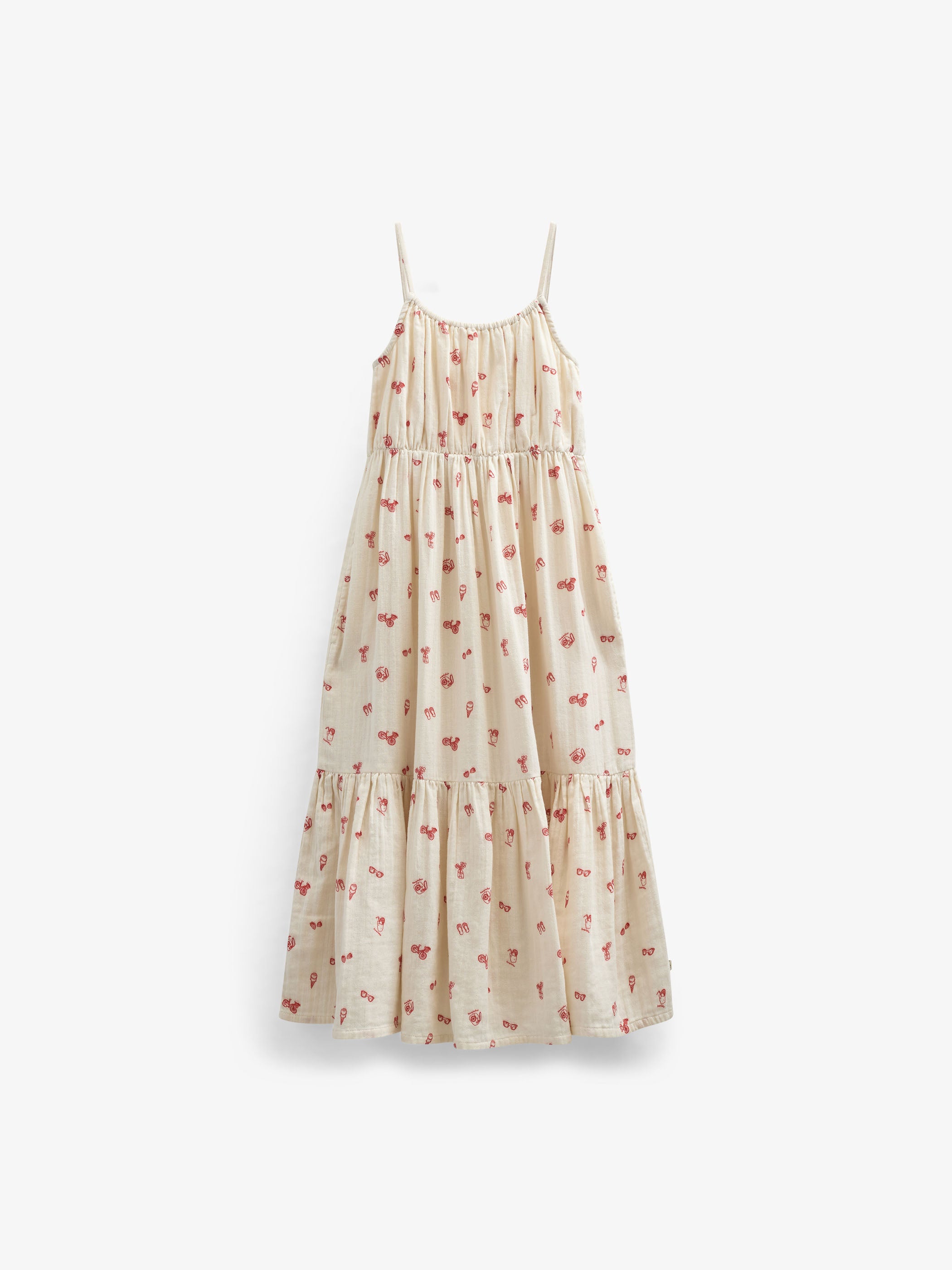 Printed Gauze Midi Strap Dress - Tween - Offwhite/Cherry Red | 100974 Fiona