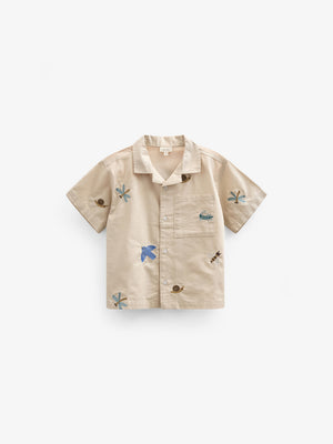 Embroidered Short Sleeve Cotton Shirt - Kids - Light Beige | 101061 Erik
