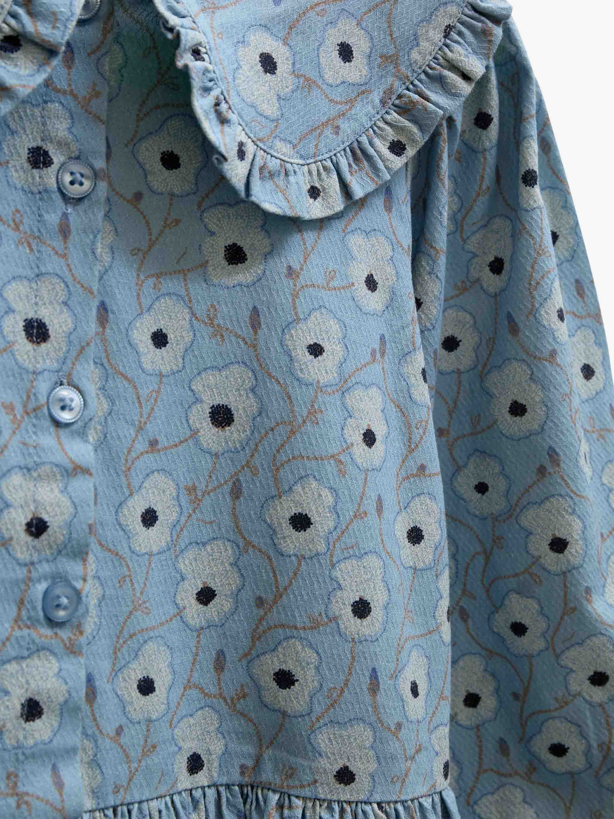 Floral Cotton Dress with Collar - Kids - Blue/Brown | 101427 Nova