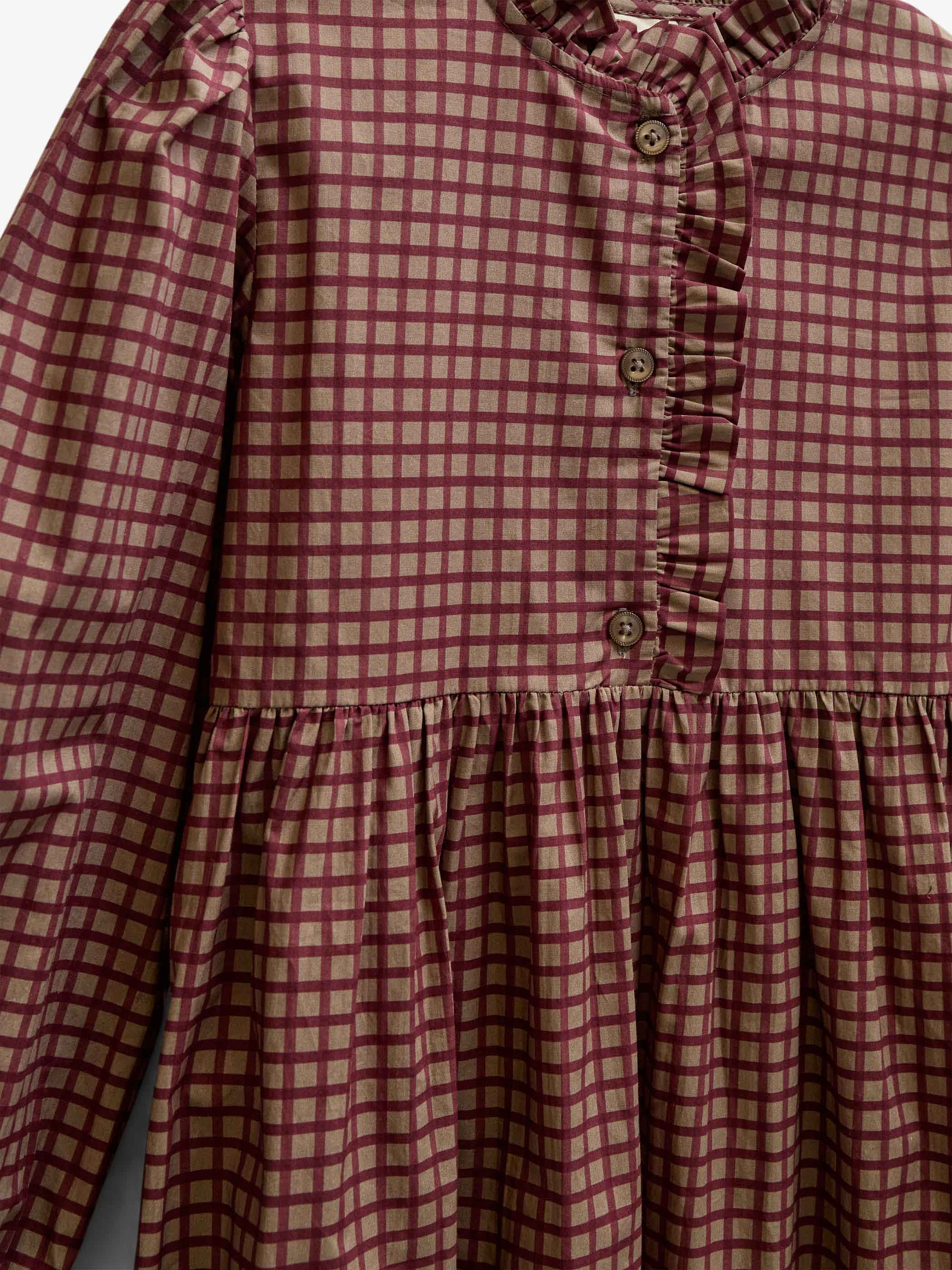 Frill Placket Poplin Dress - Tween - Bordeaux Check | 101437 Julia