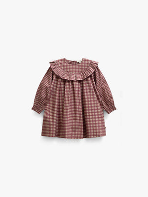 Ruffle Yoke Poplin Dress - Kids - Bordeaux Check | 101440 Julia