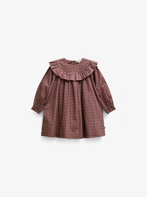 Ruffle Yoke Poplin Dress - Kids - Bordeaux Check | 101440 Julia