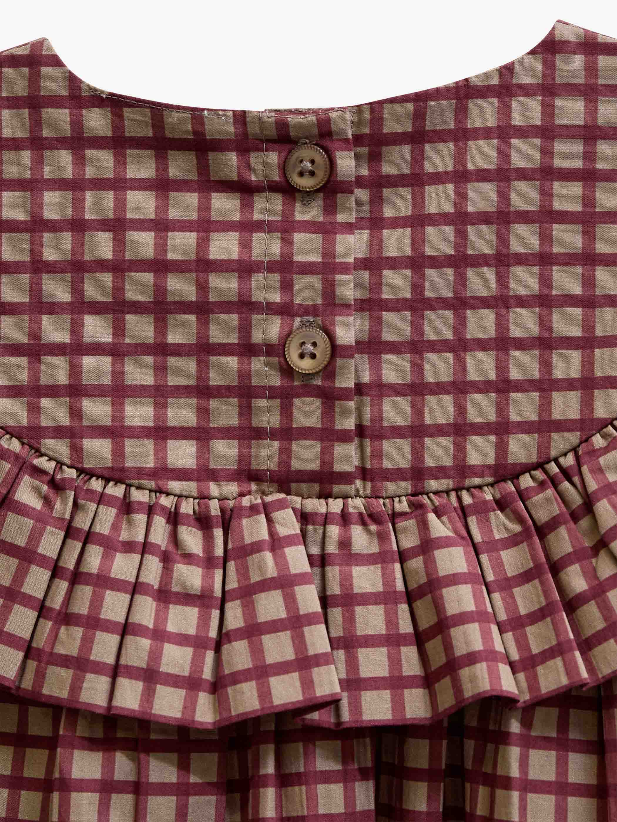 Ruffle Yoke Poplin Dress - Kids - Bordeaux Check | 101440 Julia