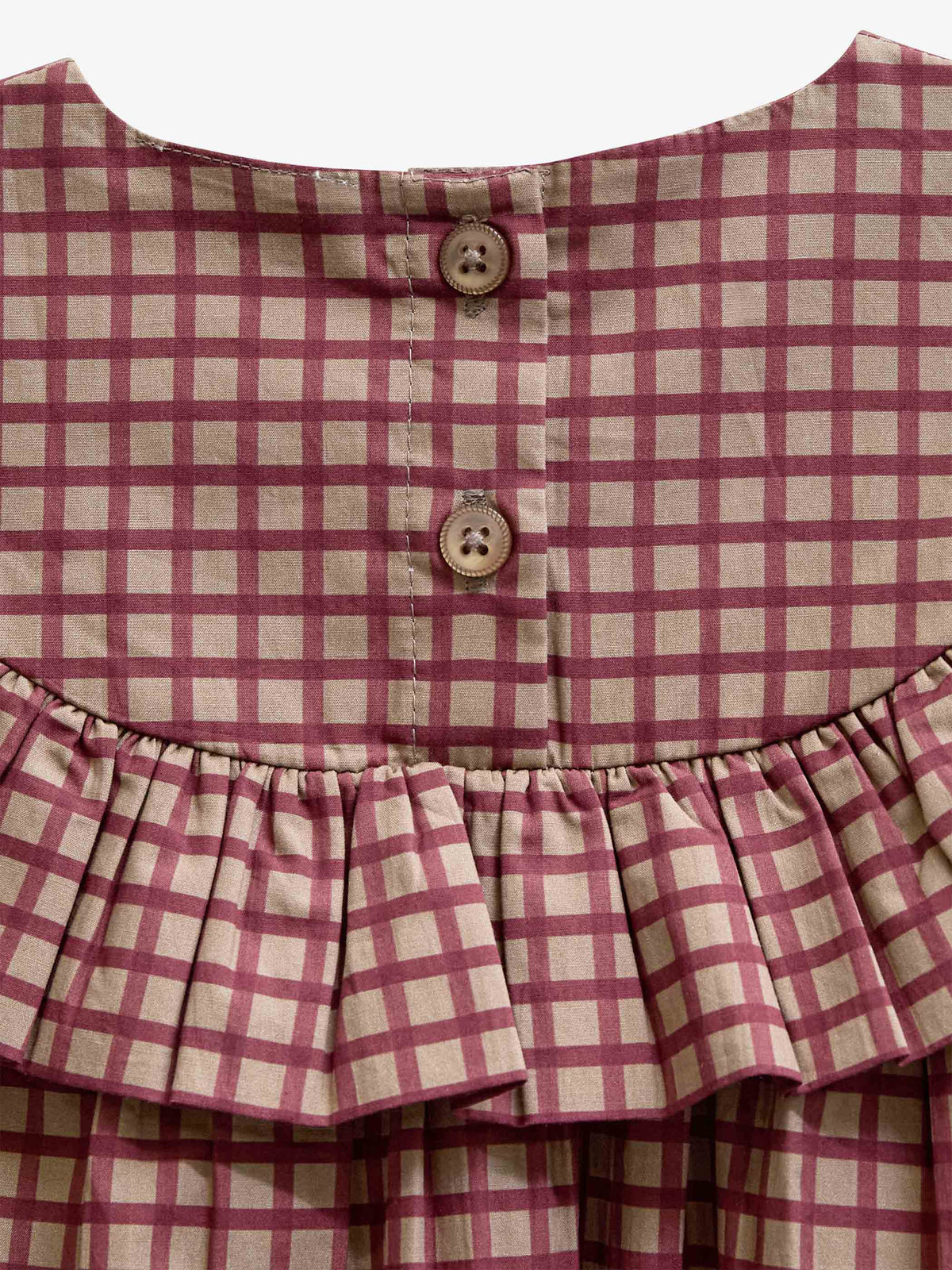 Ruffle Yoke Poplin Dress - Kids - Bordeaux Check | 101440 Julia
