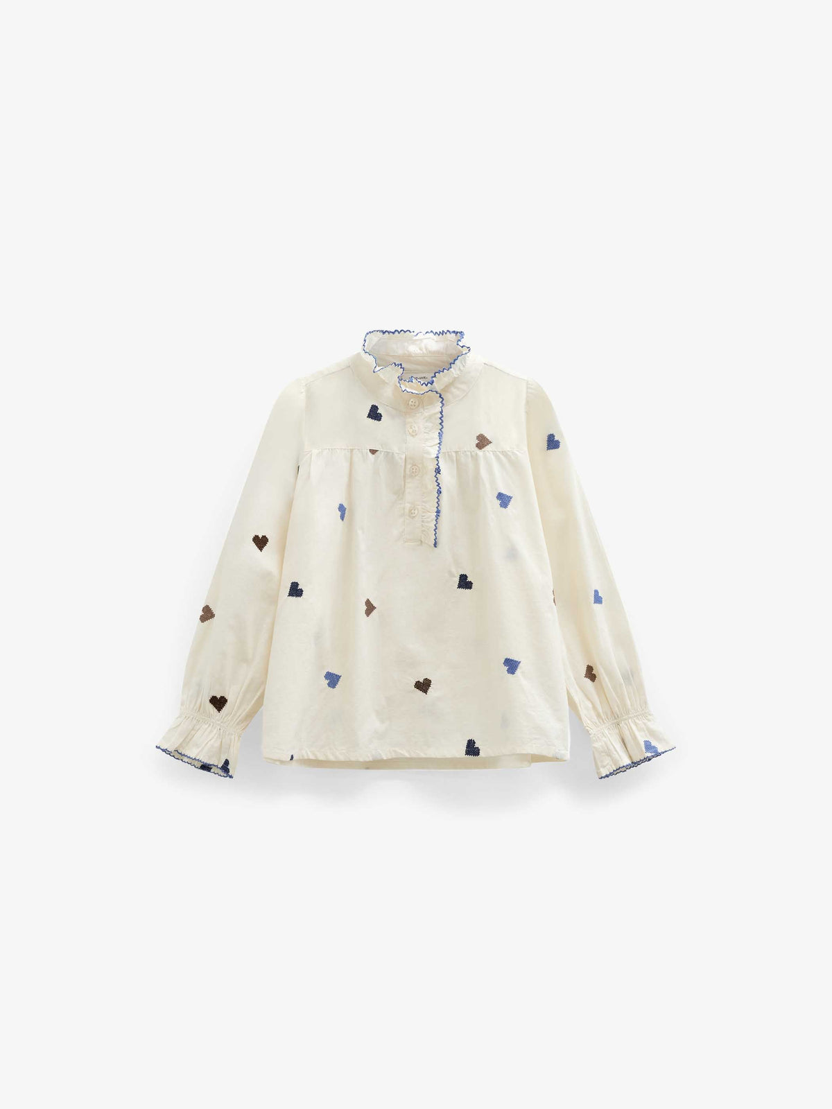 Heart Embroidered Cotton Blouse - Tween - Blue/Brown | 101456 Elina