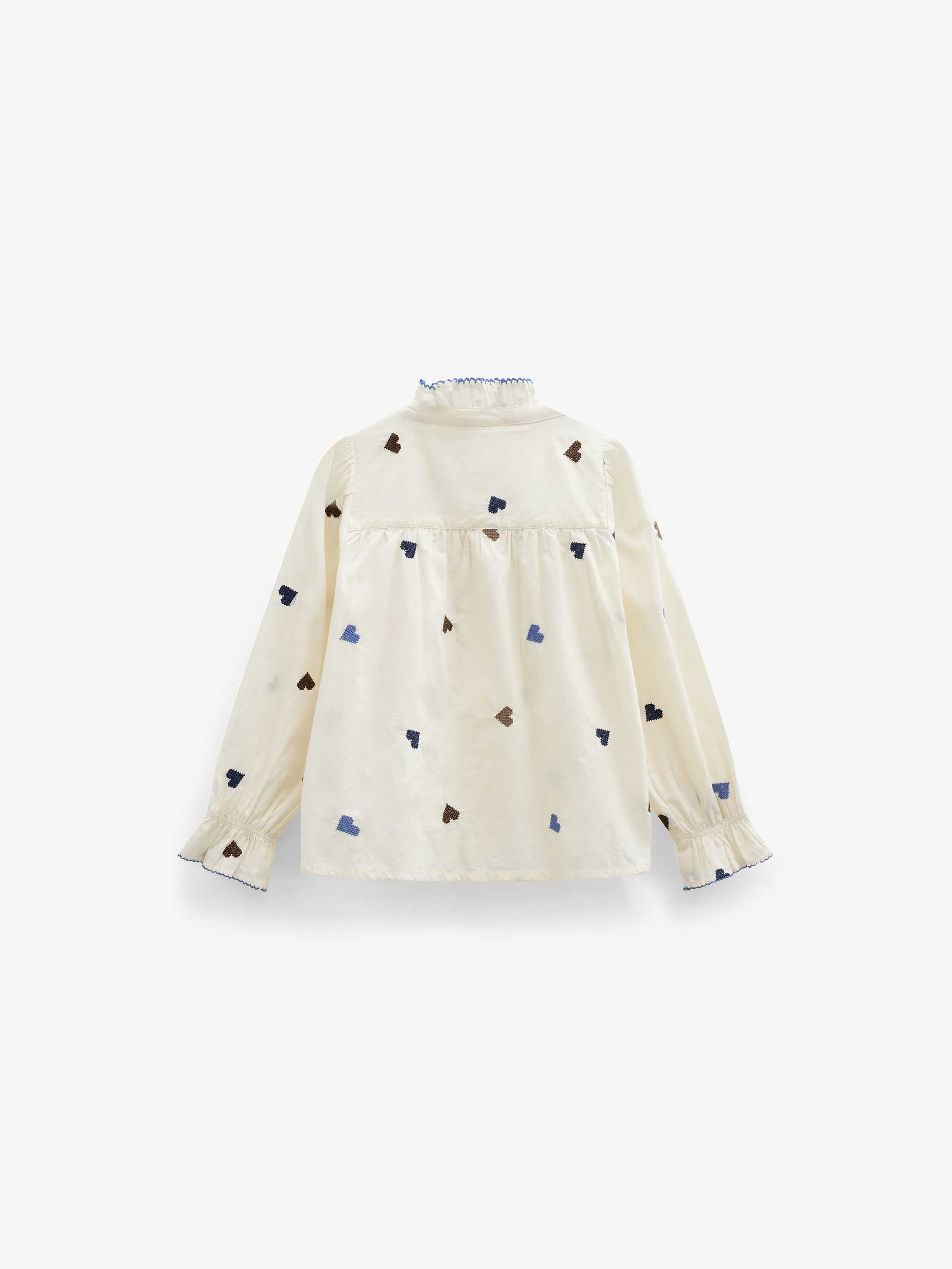 Heart Embroidered Cotton Blouse - Tween - Blue/Brown | 101456 Elina