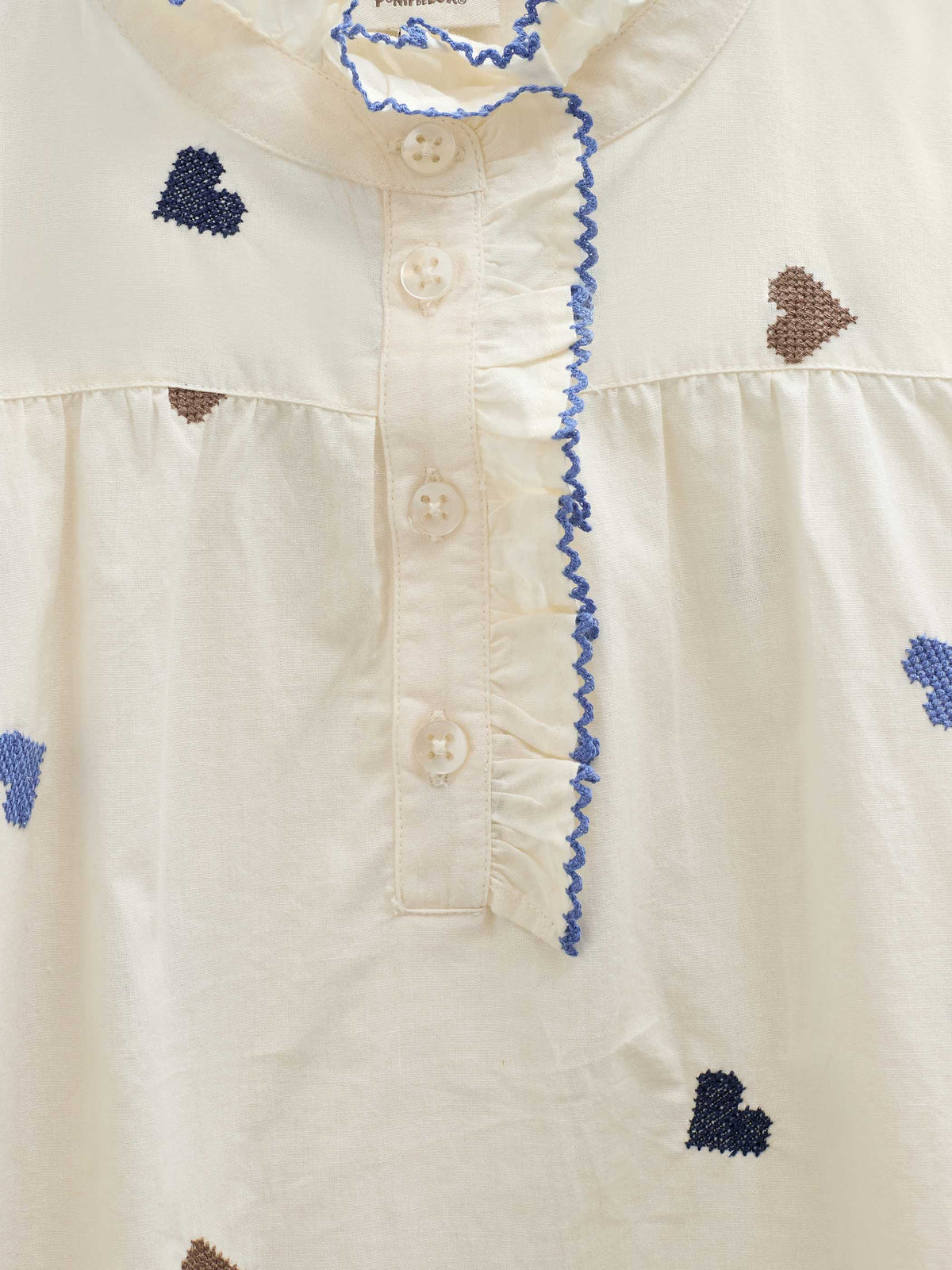 Heart Embroidered Cotton Blouse - Tween - Blue/Brown | 101456 Elina
