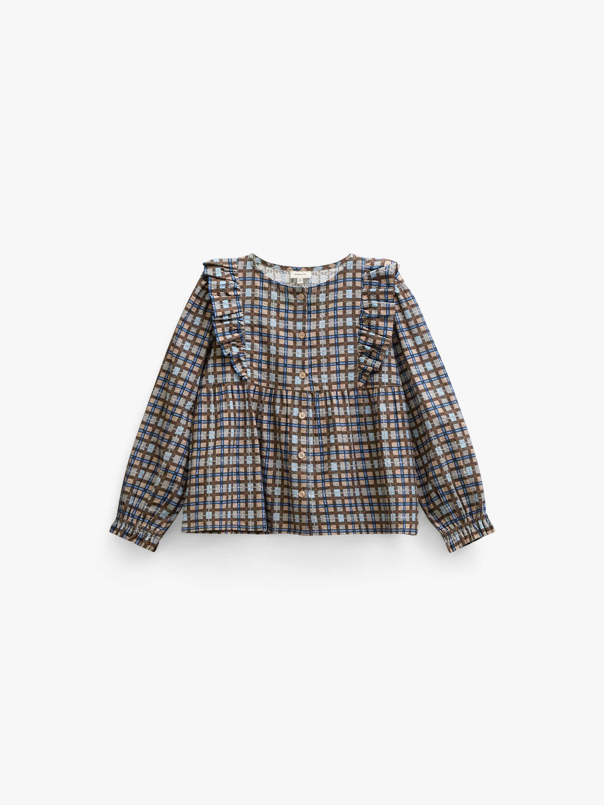 Checked Cotton Frill Blouse - Kids - Blue | 101495 Penny