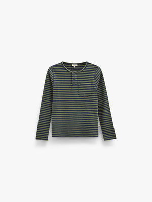 Ribbed Long-Sleeve Henley T-Shirt - Kids - Moss Green/Navy Stripe | 101595 Conrad
