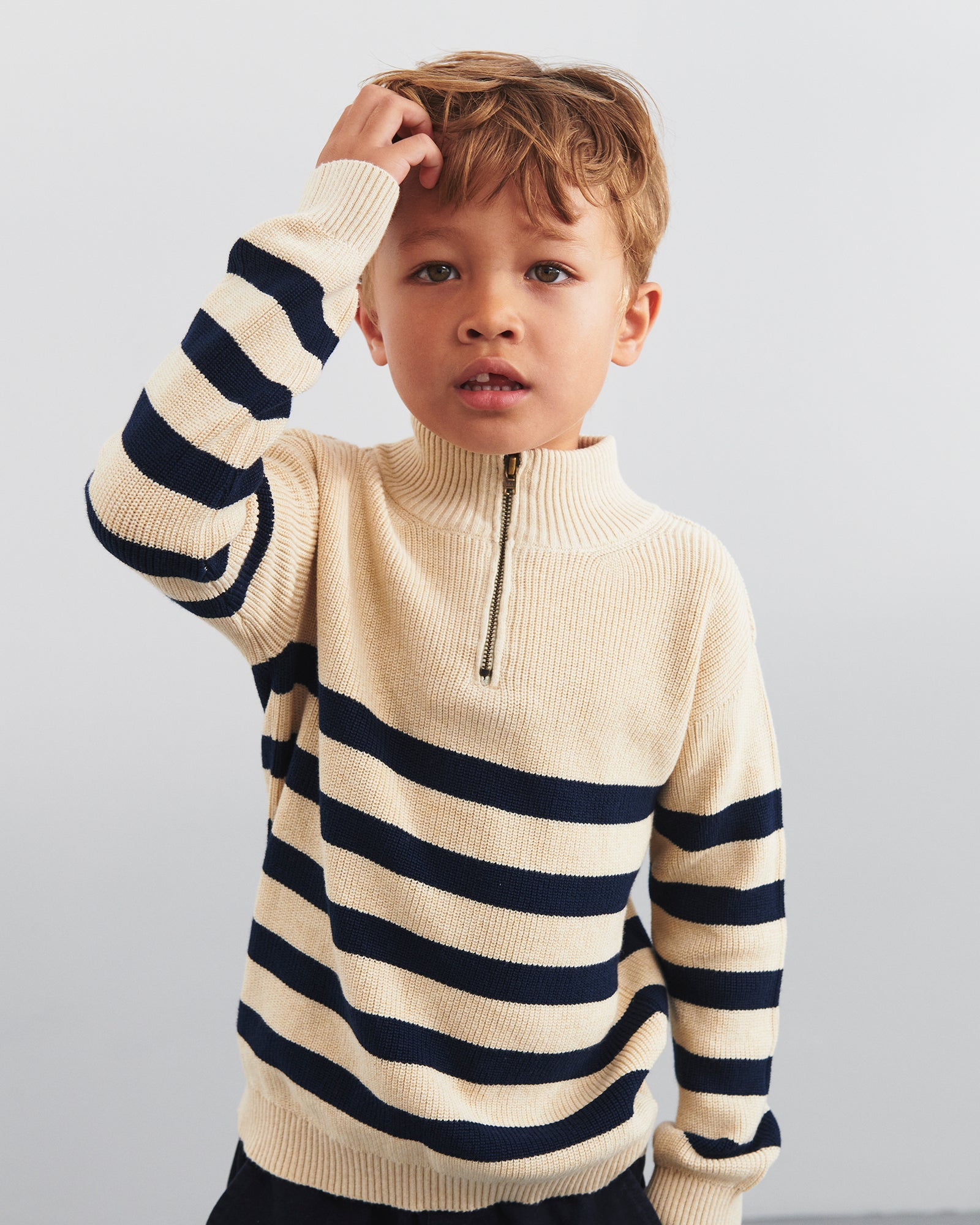 Quarter Zip Sweater - Kids - Beige/Navy