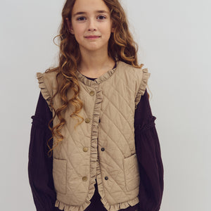 Quilted Gilet w. Frills - Tween - Dark beige
