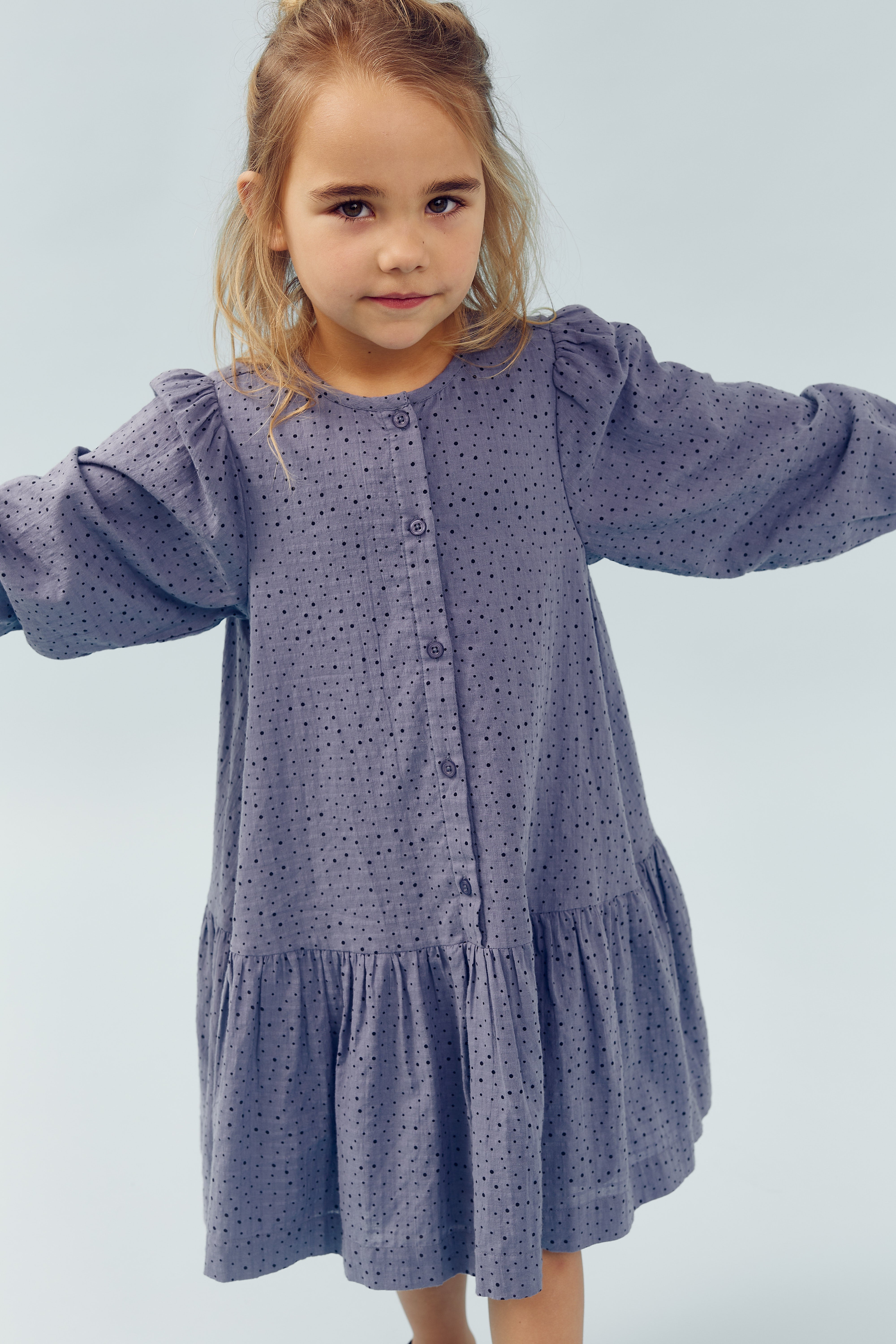 Cotton Dress w. Micro Dots - Kids - Dusty Blue