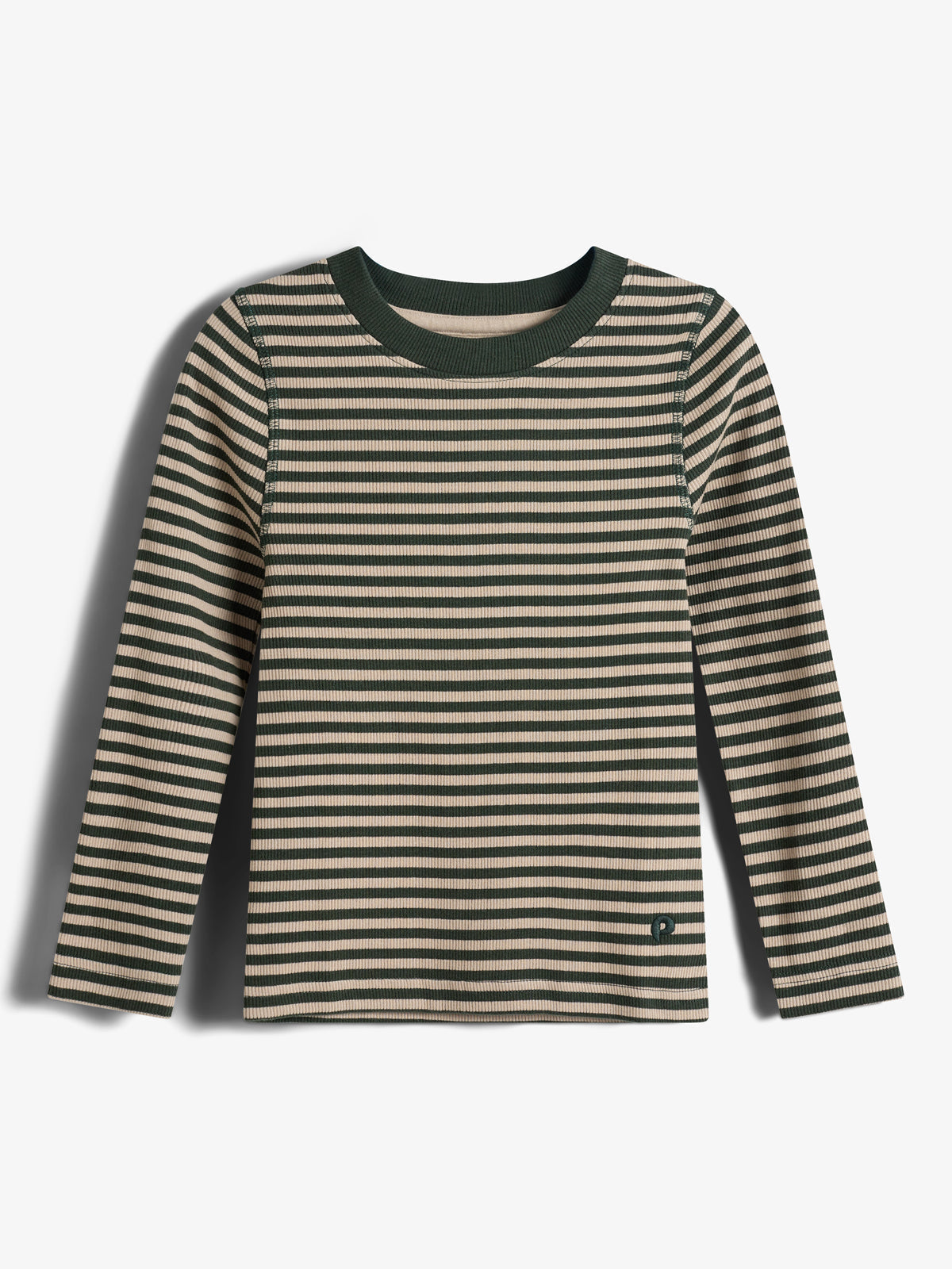 Striped Long Sleeved Basic Rib T-shirt - Kids - Dark Green/Beige