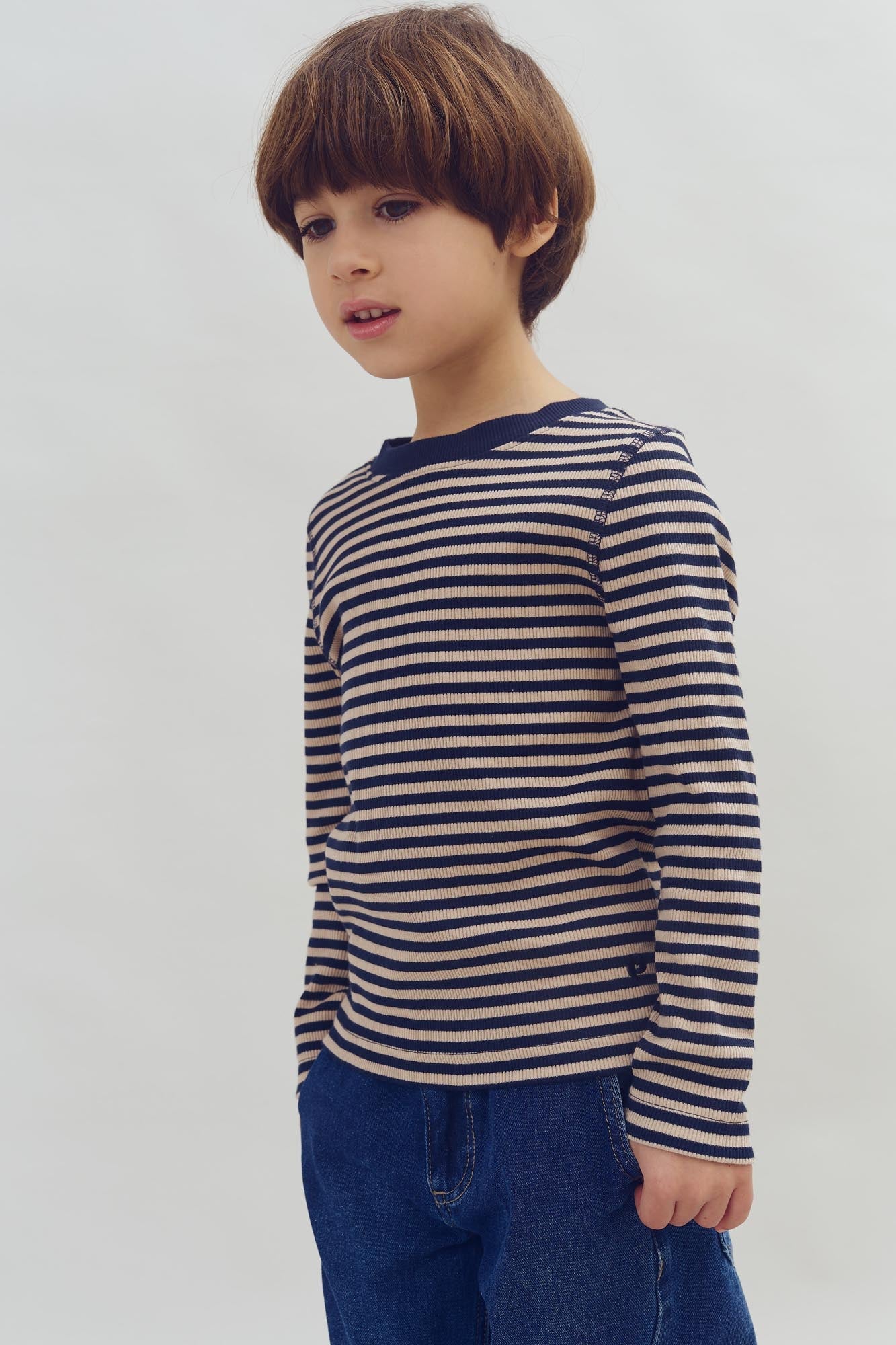 Striped Long Sleeved Basic Rib T-shirt - Kids - Navy/Beige