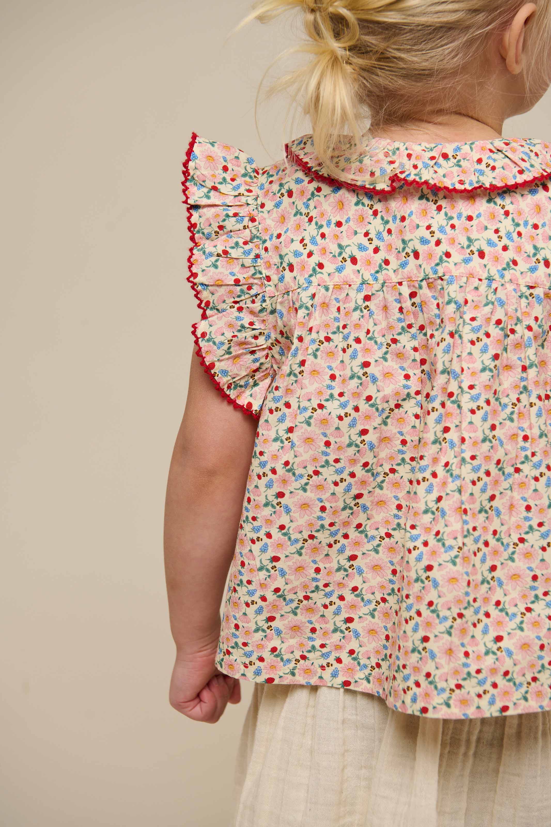 Flower Printed Poplin Frill Top - Kids - Rose | 100948 Poppy