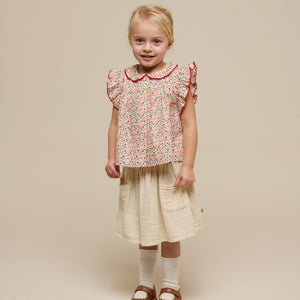 Flower Printed Poplin Frill Top - Kids - Rose | 100948 Poppy