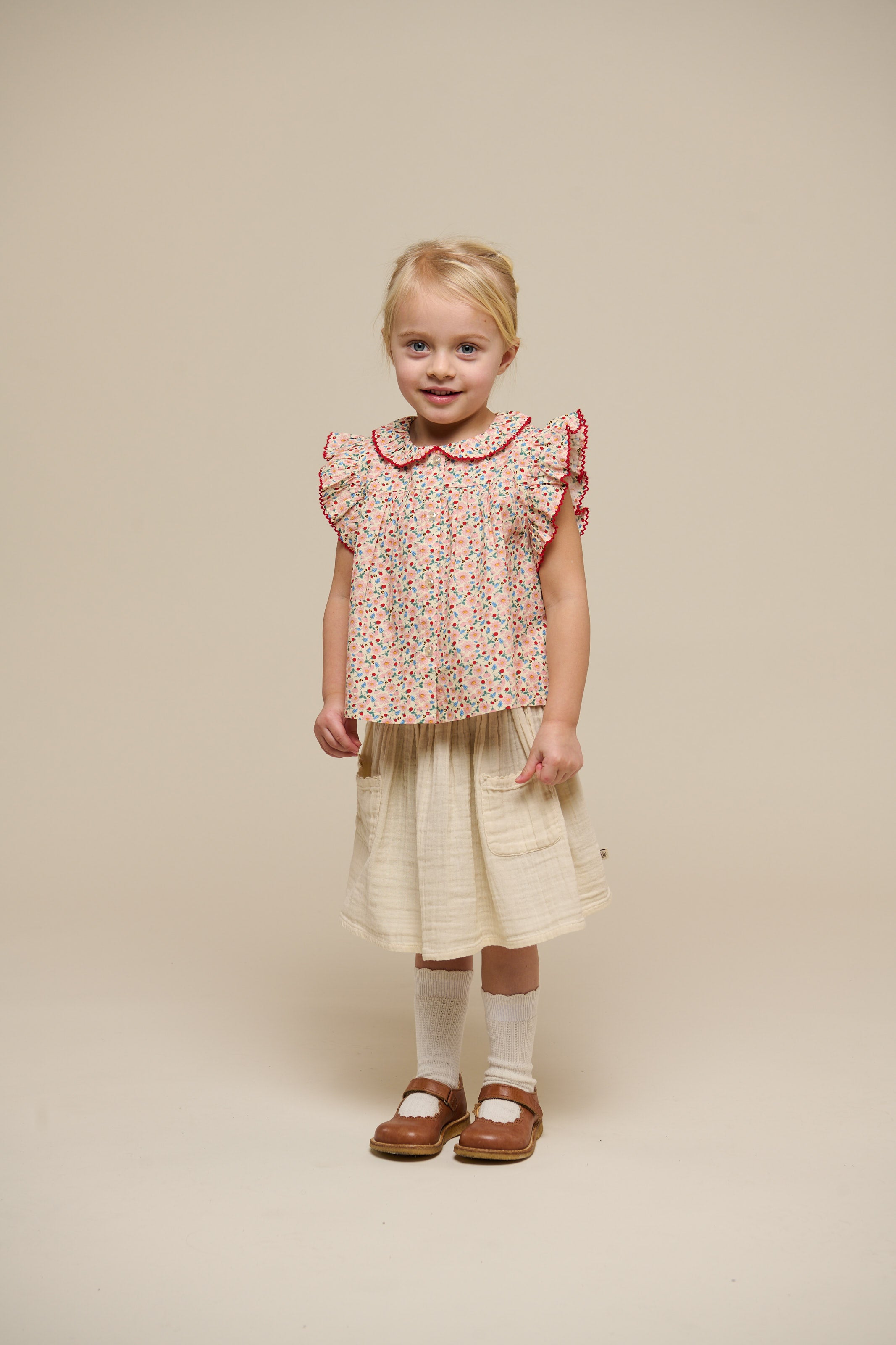 Flower Printed Poplin Frill Top - Kids - Rose | 100948 Poppy