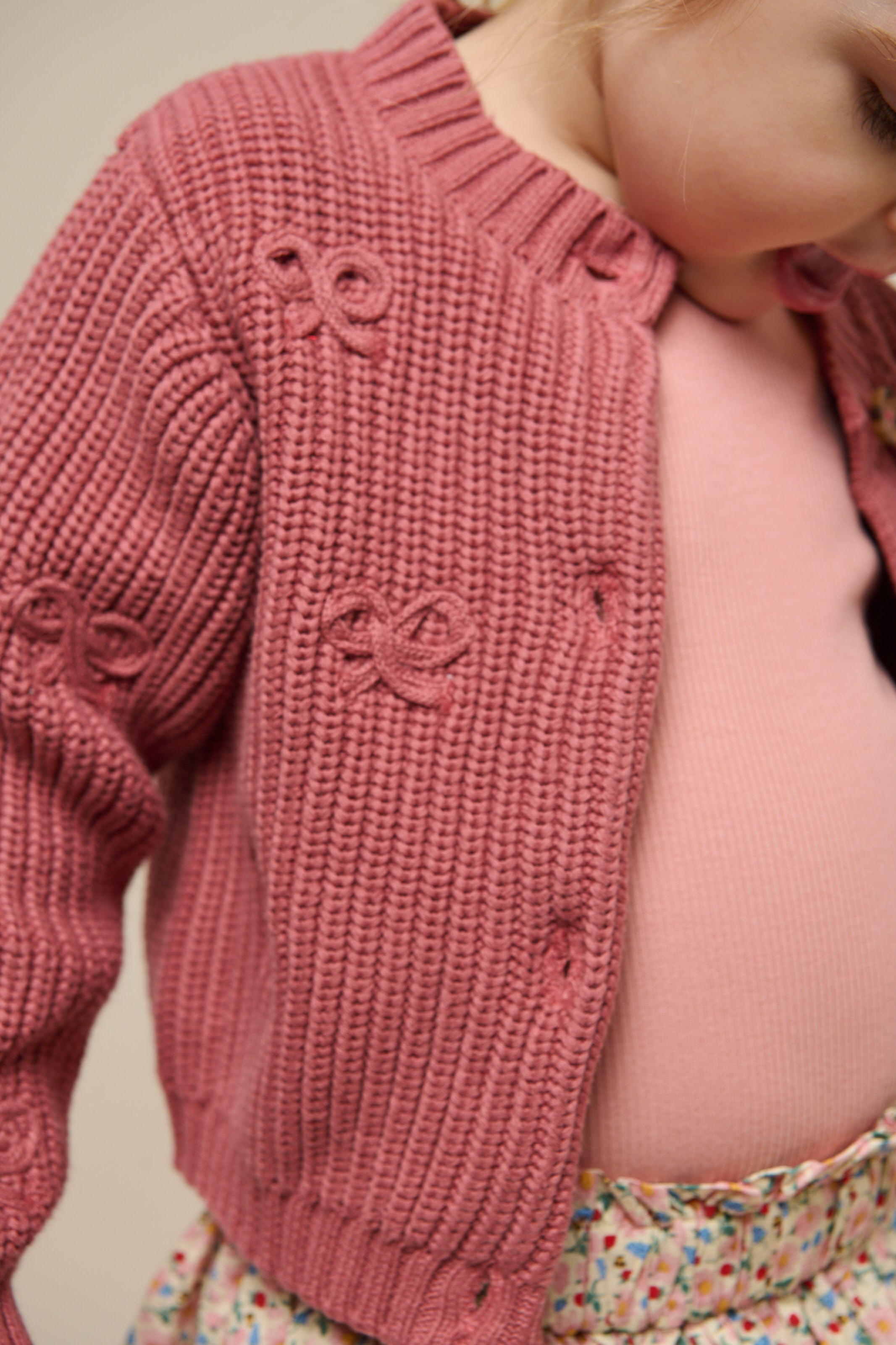Cotton Knit Cardigan with Bows - Kids - Old Rose | 100792 Freya