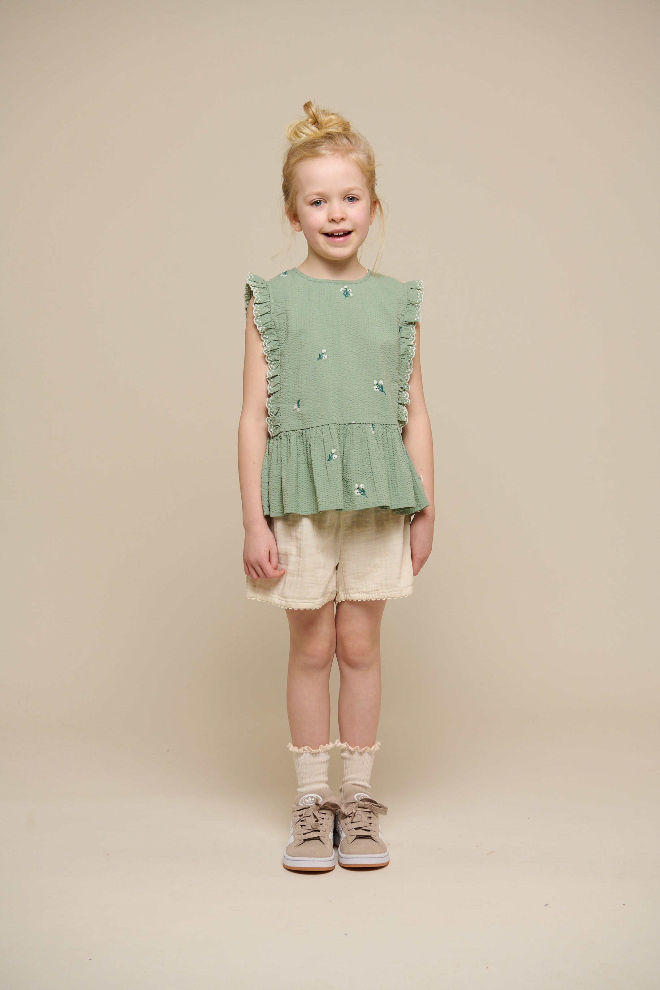 Embroidered Seersucker Top - Tween - Dusty Green | 100981 Nora
