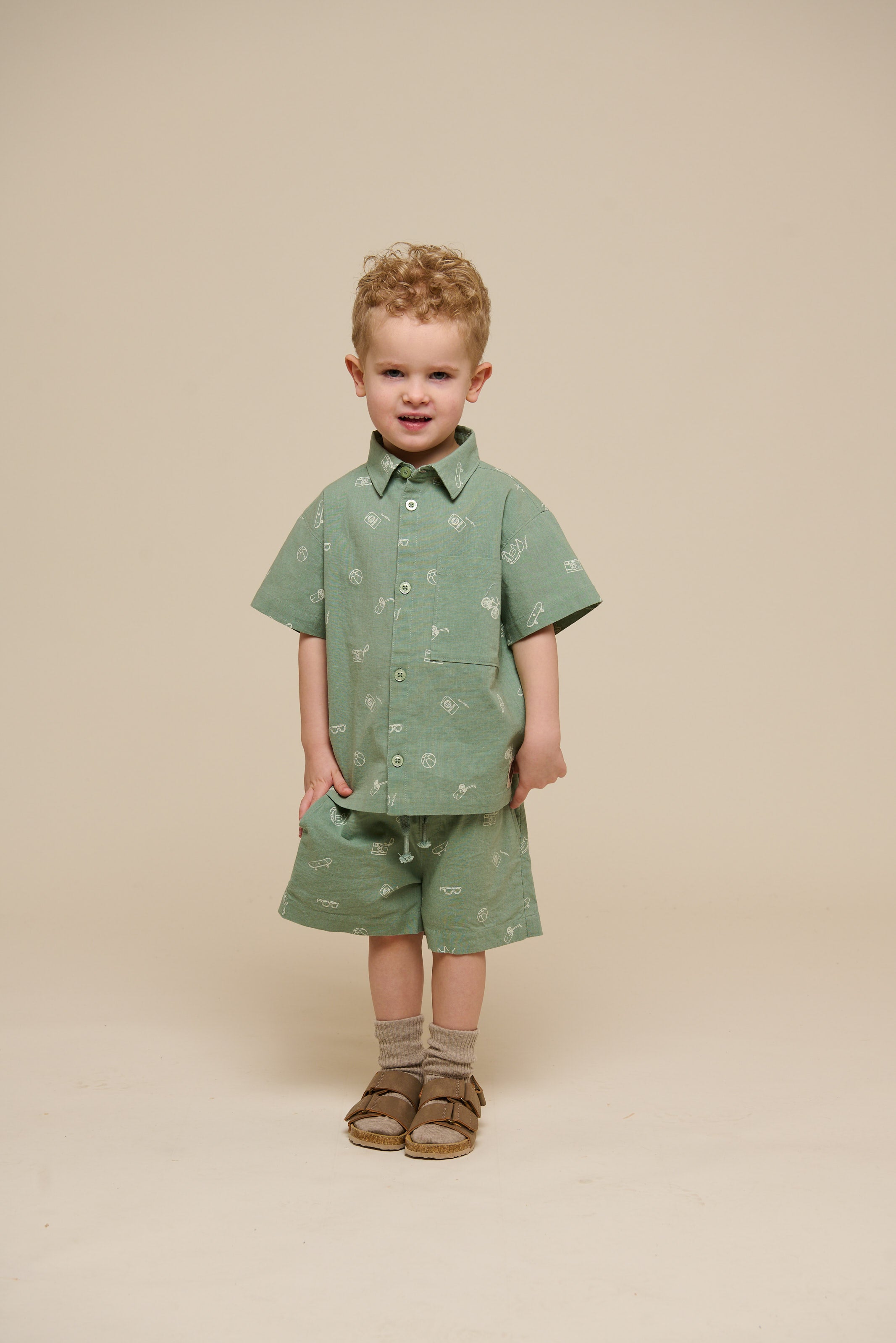 Printed Linen Mix Shorts - Kids - Dusty Green | 101169 William