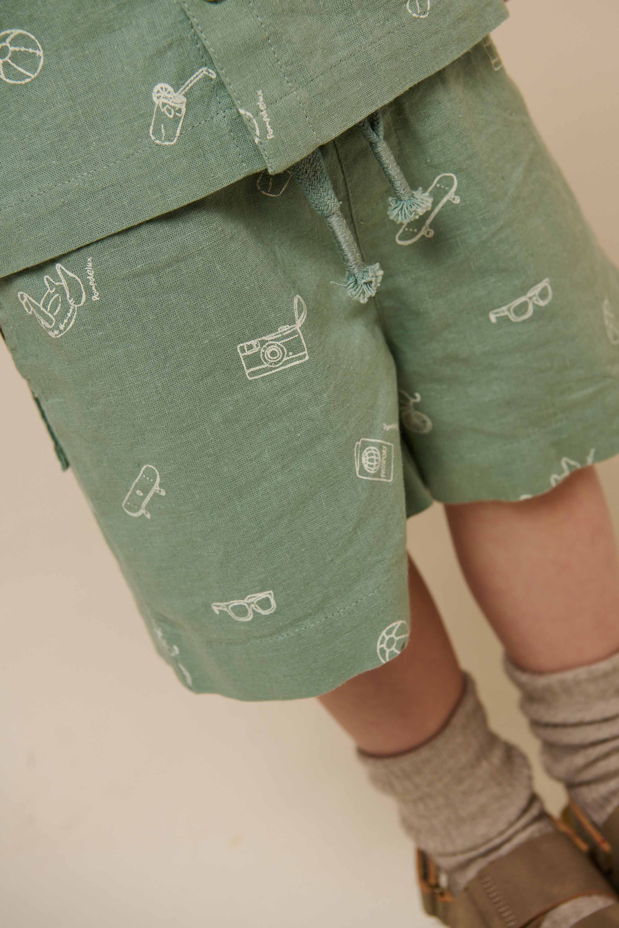 Printed Linen Mix Shorts - Kids - Dusty Green | 101169 William