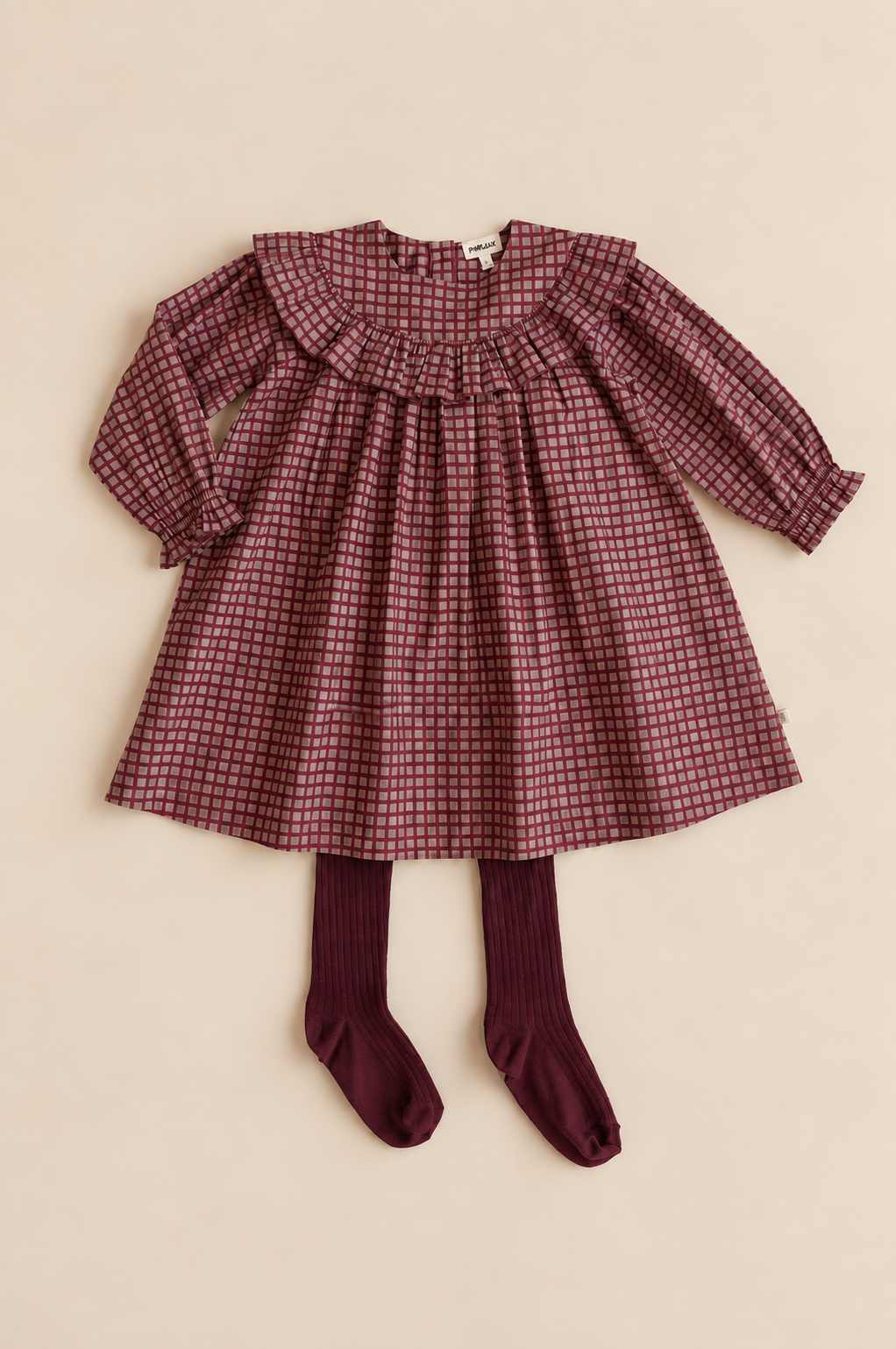 Ruffle Yoke Poplin Dress - Kids - Bordeaux Check | 101440 Julia