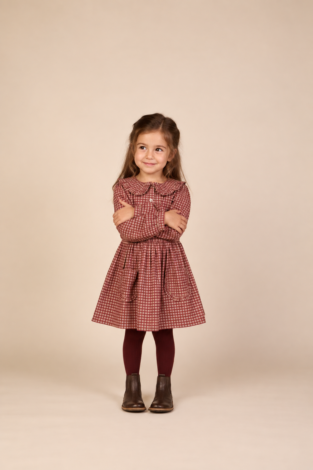 Frill Pocket Poplin Skirt - Kids - Bordeaux Check | 101443 Julia