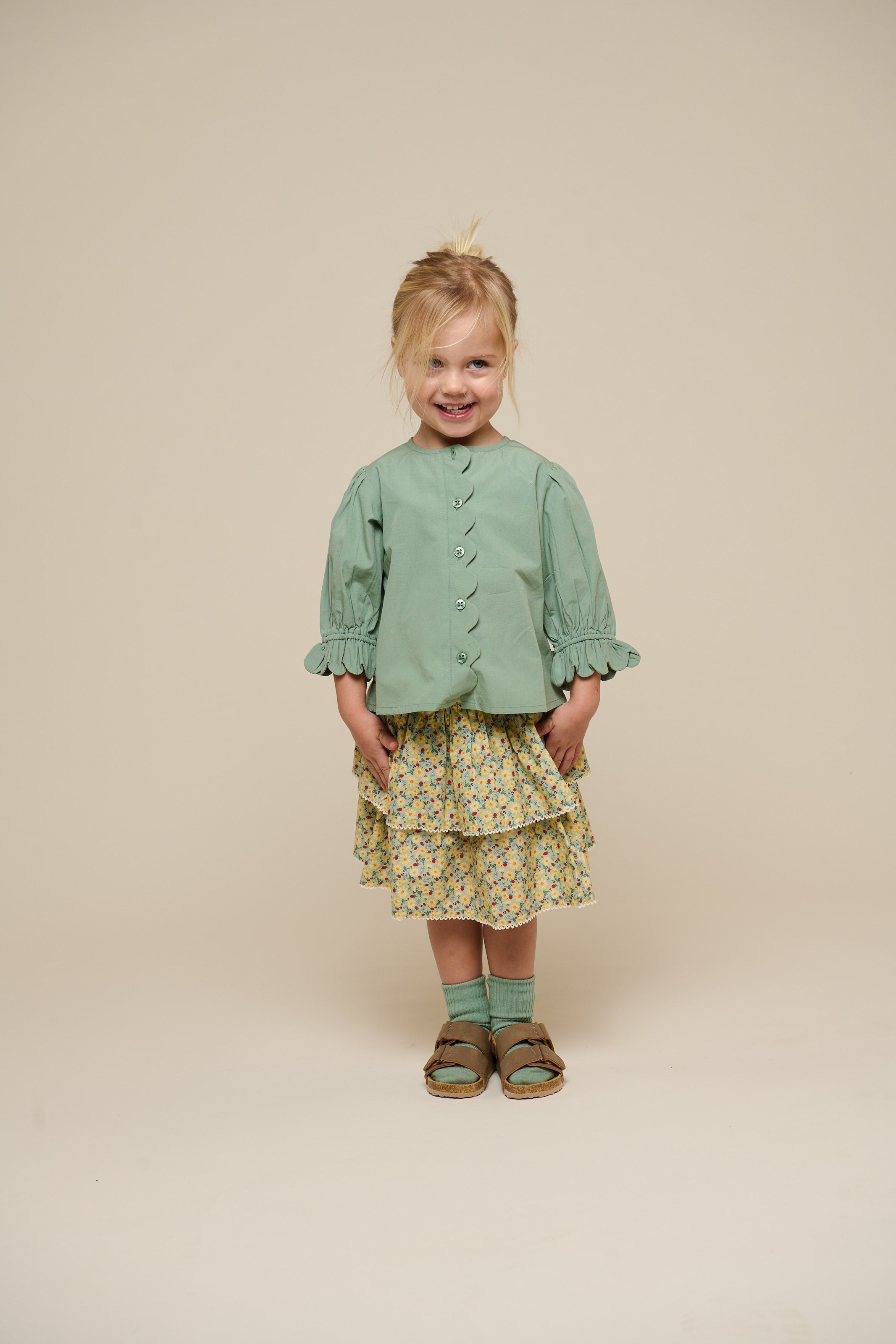 Poplin Blouse with Scallop Edge - Kids - Dusty Green | 101047 Joy