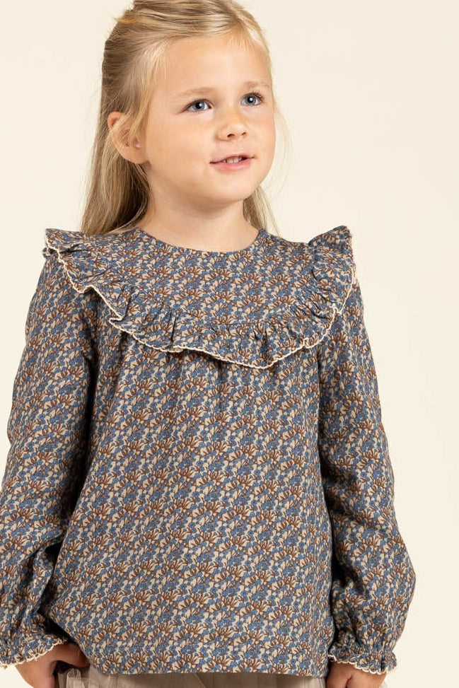 Printed Double Gauze Two-way Blouse - Kids - Blue / Brown | 100729 Maggie