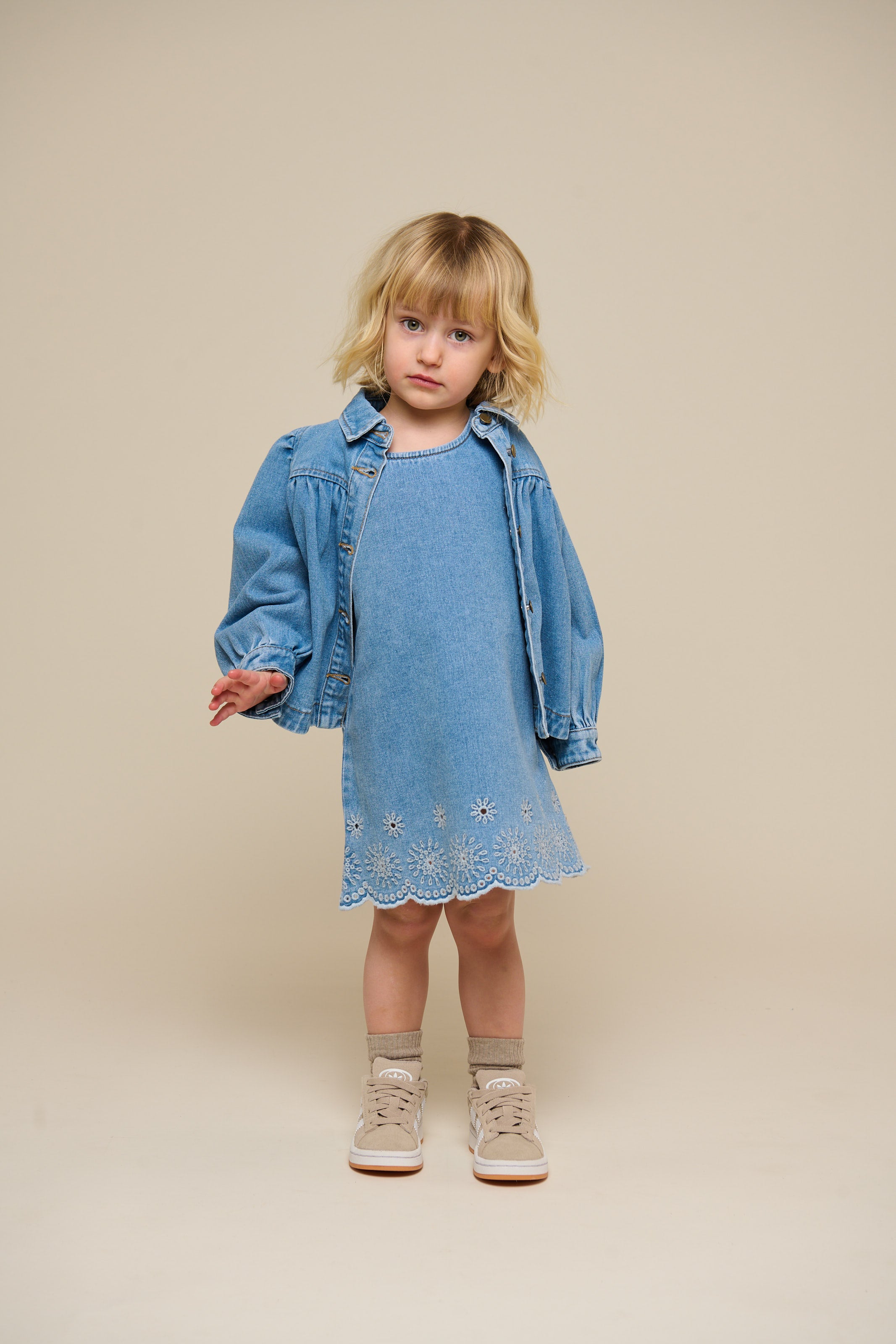 Embroidered Denim Mini Dress - Kids - Light Blue Denim | 101018 Vera