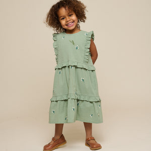 Embroidered Seersucker Dress - Kids - Dusty Green | 100976 Nora