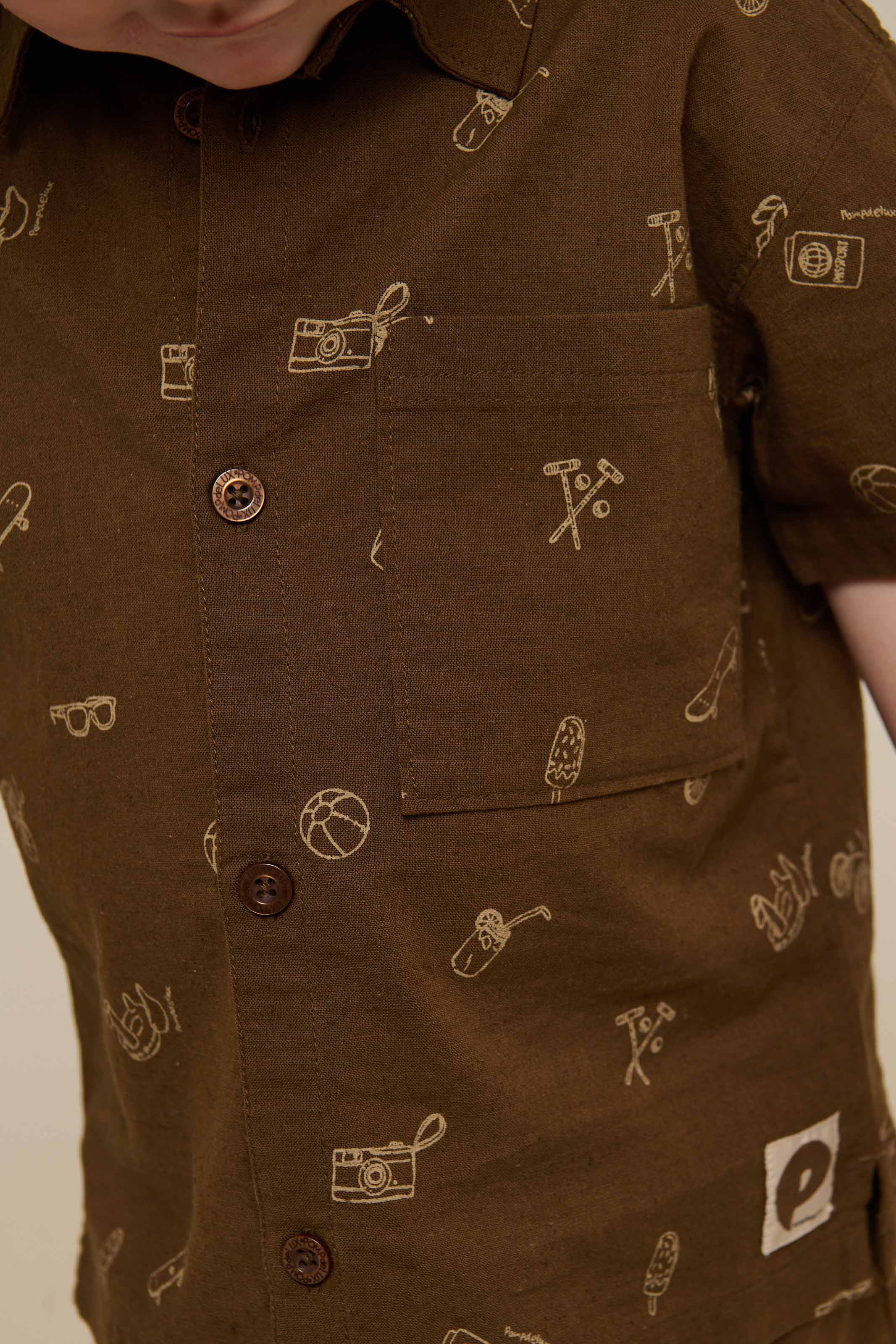 Printed Linen Mix Shirt - Kids - Dark Brown | 101167 William
