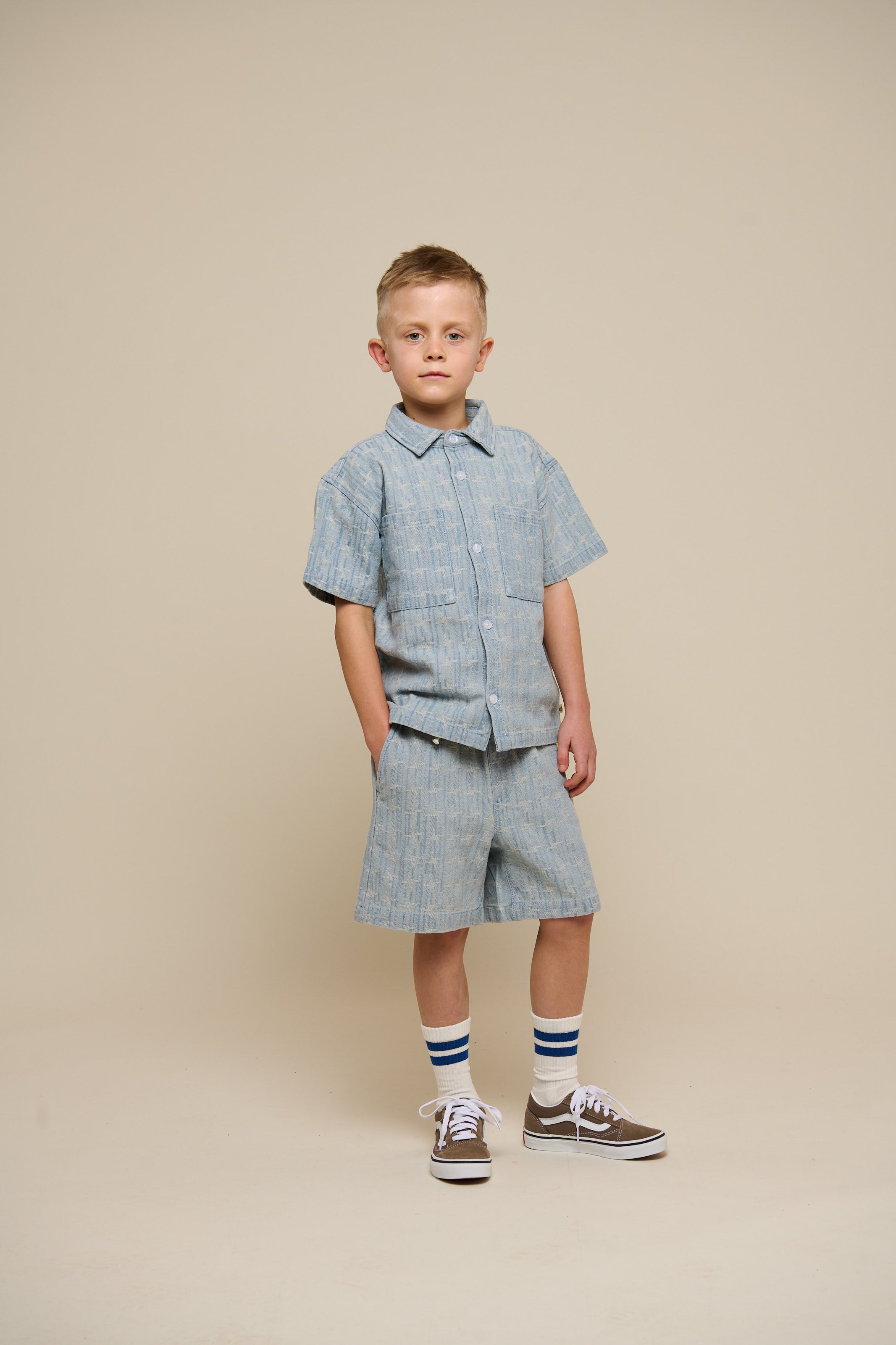 Jacquard Denim Short Sleeve Shirt Jacket - Tween - Blue Denim | 101093 Kyle