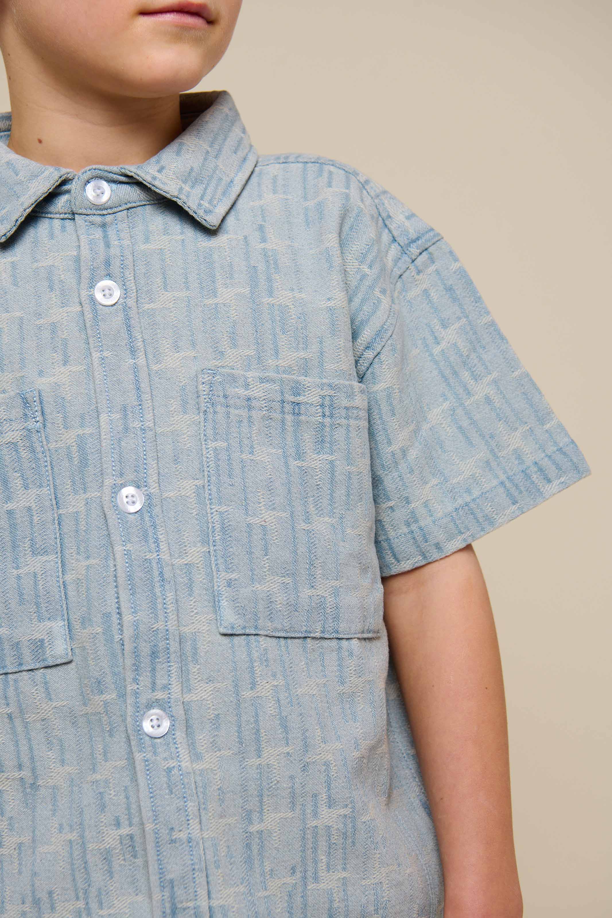 Jacquard Denim Short Sleeve Shirt Jacket - Tween - Blue Denim | 101093 Kyle