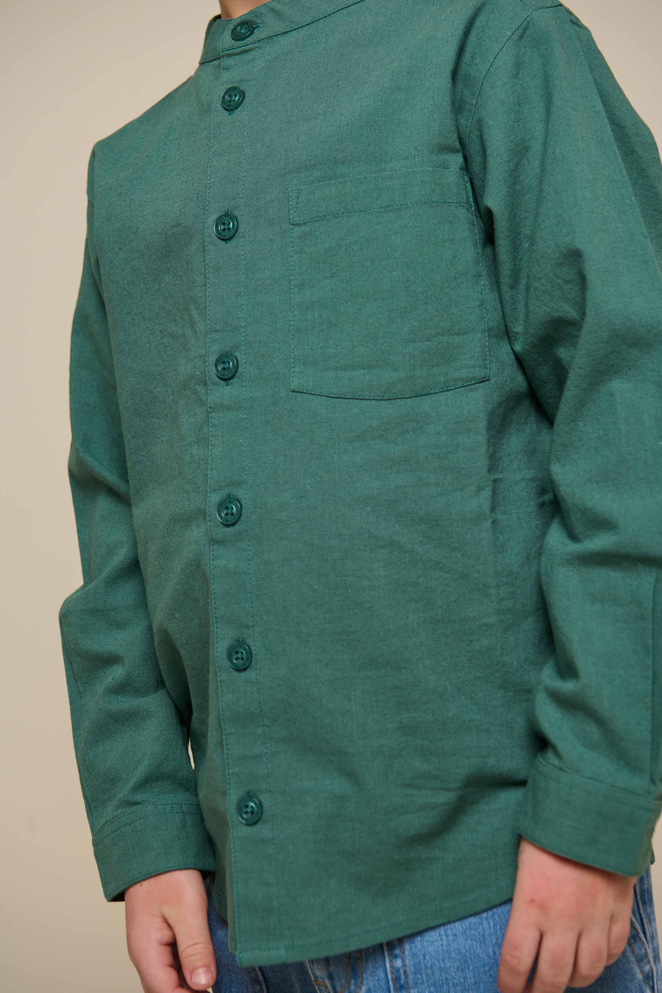 Linen Mix Mandarin Collar Shirt - Tween - Tropical Green | 101204 Lucca
