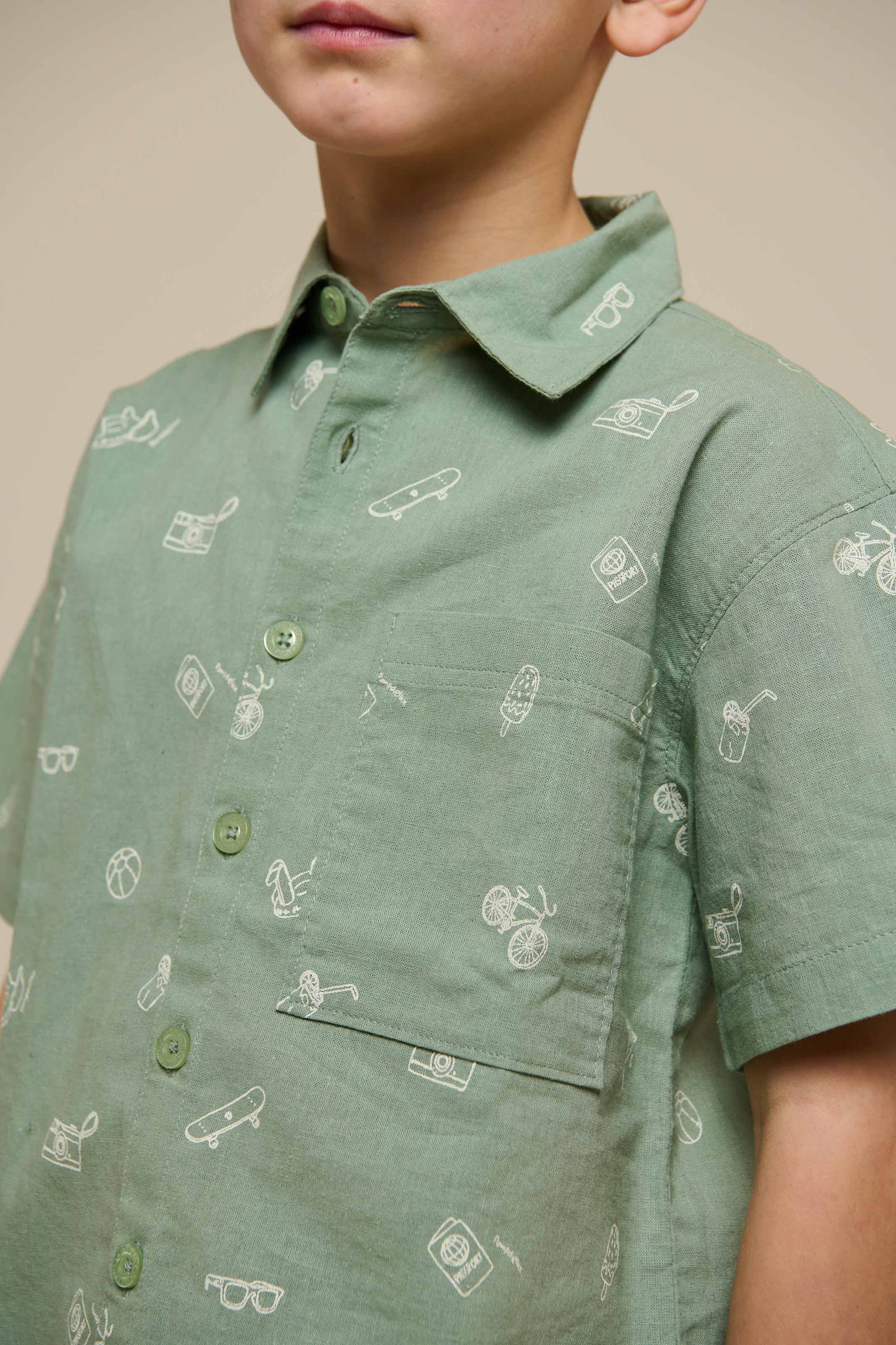 Printed Linen Mix Shirt - Tween - Dusty Green | 101166 William