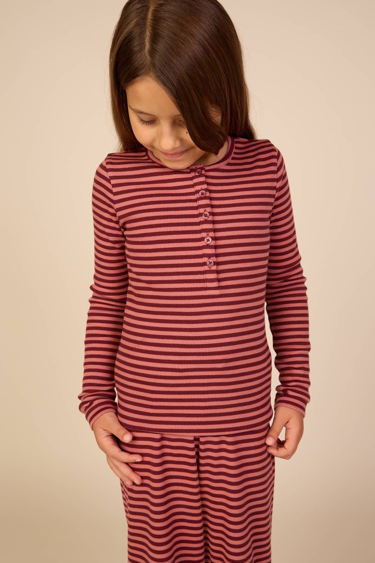 Striped Rib Long-Sleeve T-Shirt - Tween - Dusty Rose/Bordeaux | 101617 Gloria