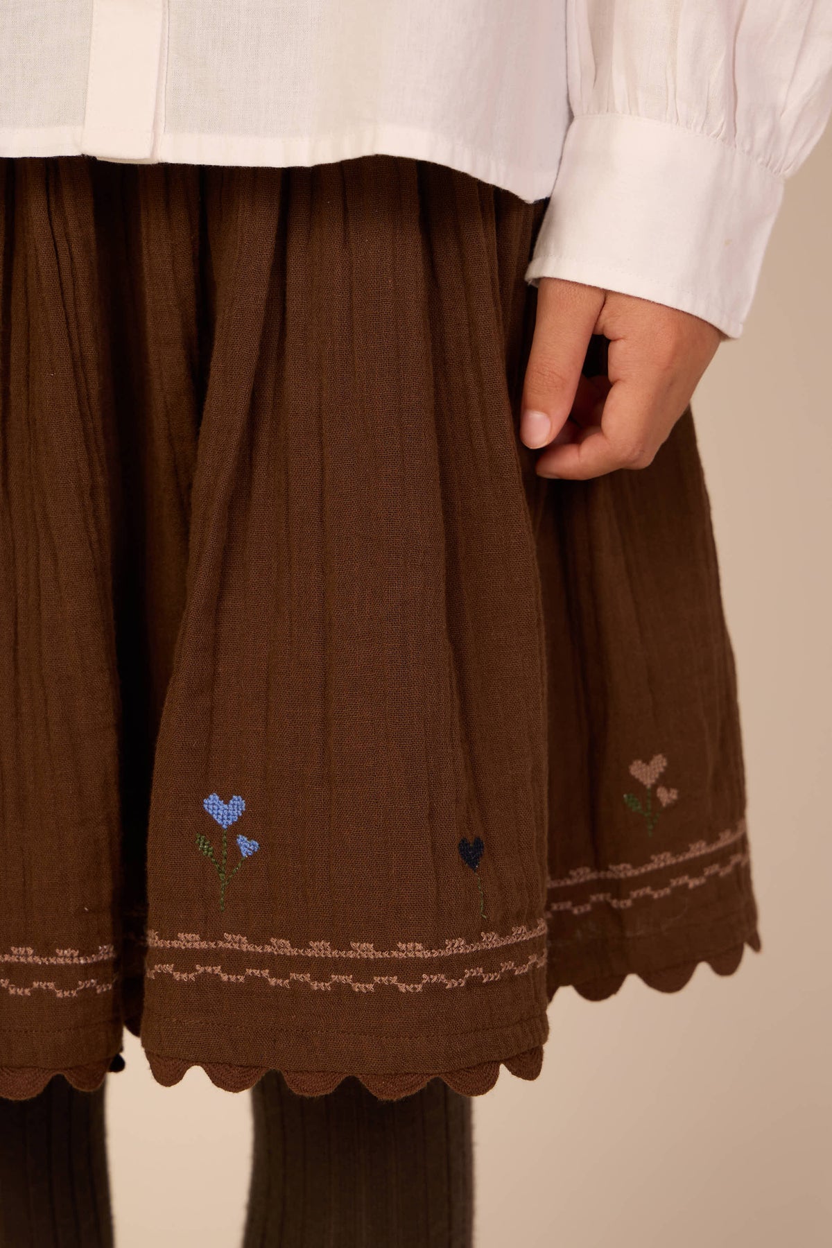 Cross-Stitch Double Gauze Skirt - Kids - Brown | 101471 Laureen