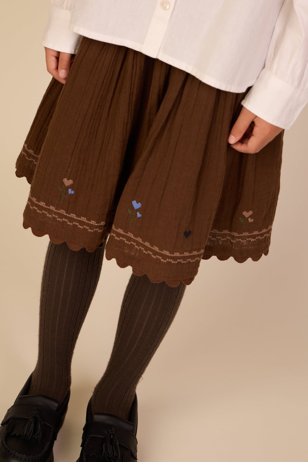 Cross-Stitch Double Gauze Skirt - Tween - Brown | 101472 Laureen
